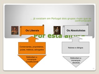 Por esta altura…
… já existiam em Portugal dois grupos rivais que se
confrontavam
27
Os Liberais Os Absolutistas
Comerciantes, proprietários,
juízes, médicos, advogados
Nobres e clérigos
Defendiam a
monarquia
Constitucional
Defendiam a
monarquia
absoluta
 