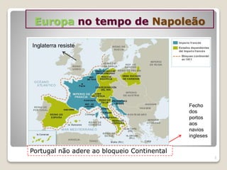 Europa no tempo de Napoleão
3
Portugal não adere ao bloqueio Continental
Inglaterra resiste
Fecho
dos
portos
aos
navios
ingleses
 