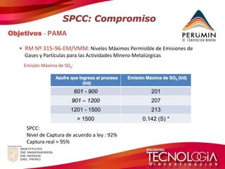 •RM Nº 315-96-EM/VMM: Niveles Máximos Permisible de Emisiones de Gases y Partículas para las Actividades Minero-Metalúrgicas Emisión Máxima de SO2: 
Azufre que Ingresa al proceso (t/d) 
Emisión Máxima de SO2 (t/d) 
601 - 900 
201 
901 – 1200 
207 
1201 - 1500 
213 
> 1500 
0.142 (S) * 
SPCC: 
Nivel de Captura de acuerdo a ley : 92% 
Captura real > 95% 
Objetivos - PAMA SPCC: Compromiso  