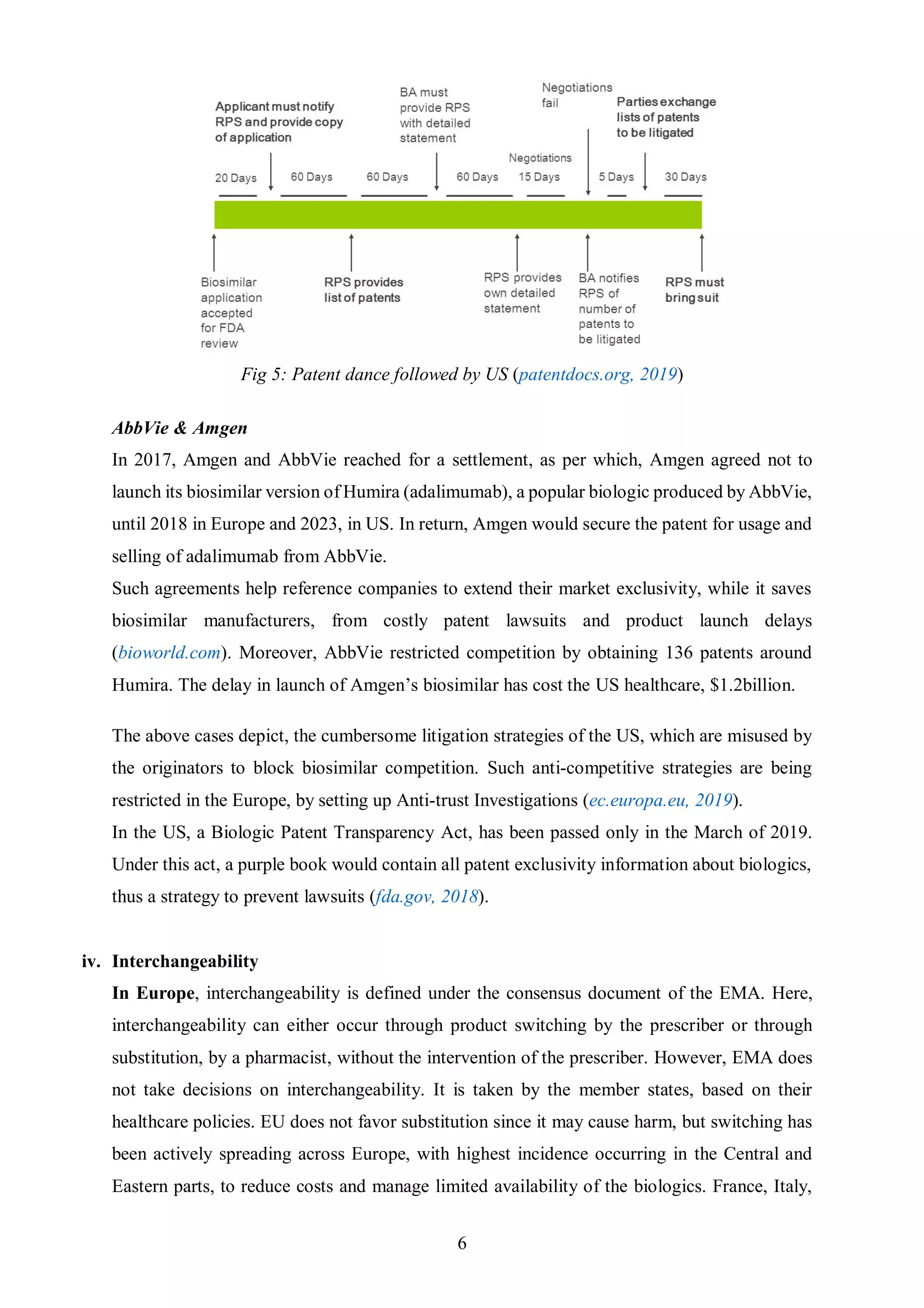 6
Fig 5: Patent dance followed by US (patentdocs.org, 2019)
AbbVie & Amgen
In 2017, Amgen and AbbVie reached for a settlement, as per which, Amgen agreed not to
launch its biosimilar version of Humira (adalimumab), a popular biologic produced by AbbVie,
until 2018 in Europe and 2023, in US. In return, Amgen would secure the patent for usage and
selling of adalimumab from AbbVie.
Such agreements help reference companies to extend their market exclusivity, while it saves
biosimilar manufacturers, from costly patent lawsuits and product launch delays
(bioworld.com). Moreover, AbbVie restricted competition by obtaining 136 patents around
Humira. The delay in launch of Amgen’s biosimilar has cost the US healthcare, $1.2billion.
The above cases depict, the cumbersome litigation strategies of the US, which are misused by
the originators to block biosimilar competition. Such anti-competitive strategies are being
restricted in the Europe, by setting up Anti-trust Investigations (ec.europa.eu, 2019).
In the US, a Biologic Patent Transparency Act, has been passed only in the March of 2019.
Under this act, a purple book would contain all patent exclusivity information about biologics,
thus a strategy to prevent lawsuits (fda.gov, 2018).
iv. Interchangeability
In Europe, interchangeability is defined under the consensus document of the EMA. Here,
interchangeability can either occur through product switching by the prescriber or through
substitution, by a pharmacist, without the intervention of the prescriber. However, EMA does
not take decisions on interchangeability. It is taken by the member states, based on their
healthcare policies. EU does not favor substitution since it may cause harm, but switching has
been actively spreading across Europe, with highest incidence occurring in the Central and
Eastern parts, to reduce costs and manage limited availability of the biologics. France, Italy,
 