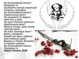 На Аскольдовій могилі
Поховали їх -
Тридцять мучнів українців
Славних, молодих...
На Аскольдовій могилі
Український цвіт! -
По кривавій по дорозі
Нам іти у світ.
На кого посміла знятись
Зрадницька рука?
Квітне сонце, грає вітер
І Дніпро-ріка...
На кого завзявся Каїн?
Боже, покарай! -
Понад усе вони любили
Свій коханий край.
Вмерли в Новім Заповіті
З славою святих. -
На Аскольдовій могилі
Поховали їх.
Павло Тичина 1918
 
