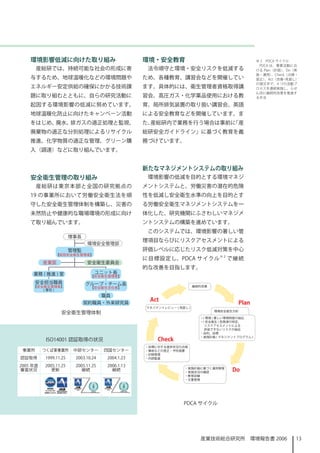 環境影響低減に向けた取り組み                              環境・安全教育                    ※ 2　PDCA サイクル
                                                                            PDCA は、事業活動にお
       産総研では、持続可能な社会の形成に寄                        法令順守と環境・安全リスクを低減する        ける Plan（計画） 、Do（実
                                                                           施・運用）  、Check（点検・
    与するため、地球温暖化などの環境問題や                         ため、各種教育、講習会などを開催してい        是正） 、Act（改善 見直し）
                                                                                       ・
                                                                           の頭文字で、4 つの活動プ
    エネルギー安定供給の確保にかかる技術課                         ます。具体的には、衛生管理者資格取得講        ロセスを連続実施し、らせ
                                                                           ん状に継続的改善を推進す
    題に取り組むとともに、自らの研究活動に                         習会、高圧ガス・化学薬品使用における教        る手法

    起因する環境影響の低減に努めています。                         育、局所排気装置の取り扱い講習会、英語
    地球温暖化防止に向けたキャンペーン活動                         による安全教育などを開催しています。ま
    をはじめ、廃水、排ガスの適正処理と監視、                        た、産総研内で業務を行う場合は事前に「産
    廃棄物の適正な分別処理によるリサイクル                         総研安全ガイドライン」に基づく教育を義
    推進、化学物質の適正な管理、グリーン購                         務づけています。
    入（調達）などに取り組んでいます。


                                                新たなマネジメントシステムの取り組み
    安全衛生管理の取り組み                                  環境影響の低減を目的とする環境マネジ
       産総研は東京本部と全国の研究拠点の                        メントシステムと、労働災害の潜在的危険
    9 の事業所において労働安全衛生法を順                        性を低減し安全衛生水準の向上を目的とす
    守した安全衛生管理体制を構築し、災害の                         る労働安全衛生マネジメントシステムを一
    未然防止や健康的な職場環境の形成に向け                         体化した、研究機関にふさわしいマネジメ
    て取り組んでいます。                                  ントシステムの構築を進めています。
                                                 このシステムでは、環境影響の著しい管
                                                理項目ならびにリスクアセスメントによる
                                                評価レベルに応じたリスク低減対策を中心
                                                に目標設定し、PDCA サイクル ※ 2 で継続
                                                的な改善を目指します。




                 安全衛生管理体制




          ISO400 認証取得の状況

 事業所      つくば東事業所      中部センター       四国センター
認証取得      999..25   2003.0.24   2004..23
2005 年度   2005..25   2005..25   2006..3
審査状況         更新           継続          継続




                                                         PDCA サイクル




                                                             産業技術総合研究所　環境報告書 2006         3
 