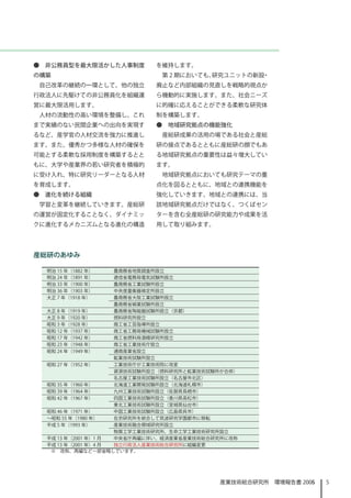 ●　非公務員型を最大限活かした人事制度         を維持します。
の構築                          第 2 期においても、研究ユニットの新設・
 自己改革の継続の一環として、他の独立         廃止など内部組織の見直しを戦略的視点か
行政法人に先駆けての非公務員化を組織運         ら機動的に実施します。また、社会ニーズ
営に最大限活用します。                 に的確に応えることができる柔軟な研究体
 人材の流動性の高い環境を整備し、これ         制を構築します。
まで実績のない民間企業への出向を実現す         ●　地域研究拠点の機能強化
るなど、産学官の人材交流を強力に推進し          産総研成果の活用の場である社会と産総
ます。また、優秀かつ多様な人材の確保を         研の接点であるとともに産総研の顔でもあ
可能とする柔軟な採用制度を構築するとと         る地域研究拠点の重要性は益々増大してい
もに、大学や産業界の若い研究者を積極的         ます。
に受け入れ、特に研究リーダーとなる人材          地域研究拠点においても研究テーマの重
を育成します。                     点化を図るとともに、地域との連携機能を
●　進化を続ける組織                  強化していきます。地域との連携には、当
 学習と変革を継続していきます。産総研         該地域研究拠点だけではなく、つくばセン
の運営が固定化することなく、ダイナミッ         ターを含む全産総研の研究能力や成果を活
クに進化するメカニズムとなる進化の構造         用して取り組みます。




産総研のあゆみ

  明治 5 年（882 年）    農商務省地質調査所設立
  明治 24 年（89 年）    逓信省電務局電気試験所設立
  明治 33 年（900 年）    農商務省工業試験所設立
  明治 36 年（903 年）    中央度量衡器検定所設立
  大正 7 年（98 年）     農商務省大阪工業試験所設立
                     農商務省絹業試験所設立
  大正 8 年（99 年）     農商務省陶磁器試験所設立（京都）
  大正 9 年（920 年）     燃料研究所設立
  昭和 3 年（928 年）     商工省工芸指導所設立
  昭和 2 年（937 年）    商工省工務局機械試験所設立
  昭和 7 年（942 年）    商工省燃料局酒精研究所設立
  昭和 23 年（948 年）    商工省工業技術庁設立
  昭和 24 年（949 年）    通商産業省設立
                     鉱業技術試験所設立
  昭和 27 年（952 年）    工業技術庁が工業技術院に改変
                     資源技術試験所設立（燃料研究所と鉱業技術試験所が合併）
                     名古屋工業技術試験所設立（名古屋市北区）
  昭和 35 年（960 年）    北海道工業開発試験所設立（北海道札幌市）
  昭和 39 年（964 年）    九州工業技術試験所設立（佐賀県鳥栖市）
  昭和 42 年（967 年）    四国工業技術試験所設立（香川県高松市）
                     東北工業技術試験所設立（宮城県仙台市）
  昭和 46 年（97 年）    中国工業技術試験所設立（広島県呉市）
  ～昭和 55 年（980 年）   在京研究所を統合して筑波研究学園都市に移転
  平成 5 年（993 年）     産業技術融合領域研究所設立
                     物質工学工業技術研究所、生命工学工業技術研究所設立
  平成 3 年（200 年） 月 中央省庁再編に伴い、経済産業省産業技術総合研究所に改称
  平成 3 年（200 年）4 月 独立行政法人産業技術総合研究所に組織変更
 　　※　改称、再編など一部省略しています。




                                           産業技術総合研究所　環境報告書 2006
                                                           2005   5
 