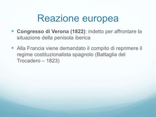 Reazione europea
 Congresso di Verona (1822): indetto per affrontare la
situazione della penisola iberica
 Alla Francia viene demandato il compito di reprimere il
regime costituzionalista spagnolo (Battaglia del
Trocadero – 1823)
 