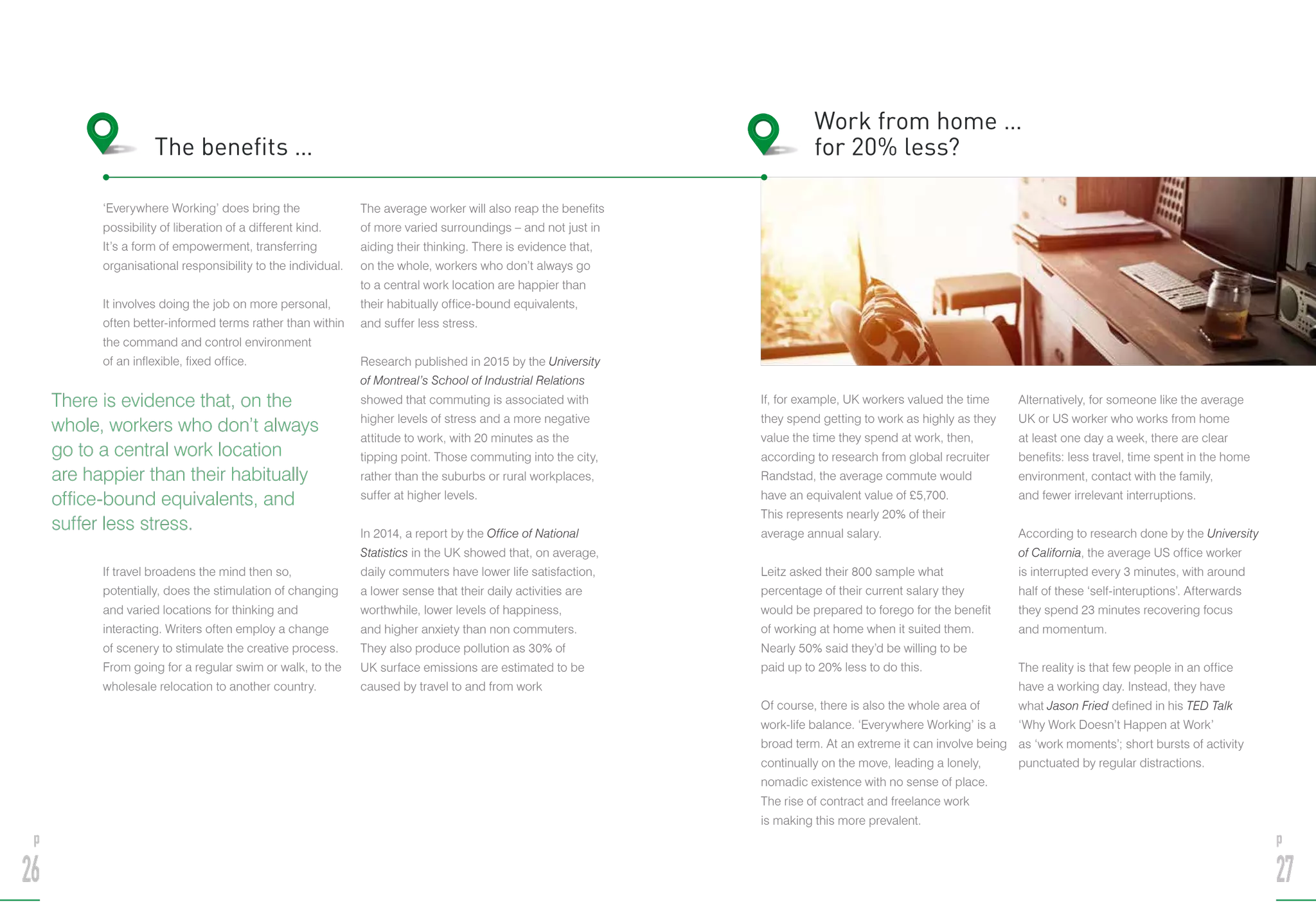 ‘Everywhere Working’ does bring the
possibility of liberation of a different kind.
It’s a form of empowerment, transferring
organisational responsibility to the individual.
It involves doing the job on more personal,
often better-informed terms rather than within
the command and control environment
of an inflexible, fixed office.
If travel broadens the mind then so,
potentially, does the stimulation of changing
and varied locations for thinking and
interacting. Writers often employ a change
of scenery to stimulate the creative process.
From going for a regular swim or walk, to the
wholesale relocation to another country.
The average worker will also reap the benefits
of more varied surroundings – and not just in
aiding their thinking. There is evidence that,
on the whole, workers who don’t always go
to a central work location are happier than
their habitually office-bound equivalents,
and suffer less stress.
Research published in 2015 by the University
of Montreal’s School of Industrial Relations
showed that commuting is associated with
higher levels of stress and a more negative
attitude to work, with 20 minutes as the
tipping point. Those commuting into the city,
rather than the suburbs or rural workplaces,
suffer at higher levels.
In 2014, a report by the Office of National
Statistics in the UK showed that, on average,
daily commuters have lower life satisfaction,
a lower sense that their daily activities are
worthwhile, lower levels of happiness,
and higher anxiety than non commuters.
They also produce pollution as 30% of
UK surface emissions are estimated to be
caused by travel to and from work
The benefits …
If, for example, UK workers valued the time
they spend getting to work as highly as they
value the time they spend at work, then,
according to research from global recruiter
Randstad, the average commute would
have an equivalent value of £5,700.
This represents nearly 20% of their
average annual salary.
Leitz asked their 800 sample what
percentage of their current salary they
would be prepared to forego for the benefit
of working at home when it suited them.
Nearly 50% said they’d be willing to be
paid up to 20% less to do this.
Of course, there is also the whole area of
work-life balance. ‘Everywhere Working’ is a
broad term. At an extreme it can involve being
continually on the move, leading a lonely,
nomadic existence with no sense of place.
The rise of contract and freelance work
is making this more prevalent.
Alternatively, for someone like the average
UK or US worker who works from home
at least one day a week, there are clear
benefits: less travel, time spent in the home
environment, contact with the family,
and fewer irrelevant interruptions.
According to research done by the University
of California, the average US office worker
is interrupted every 3 minutes, with around
half of these ‘self-interuptions’. Afterwards
they spend 23 minutes recovering focus
and momentum.
The reality is that few people in an office
have a working day. Instead, they have
what Jason Fried defined in his TED Talk
‘Why Work Doesn’t Happen at Work’
as ‘work moments’; short bursts of activity
punctuated by regular distractions.
Work from home …
for 20% less?
There is evidence that, on the
whole, workers who don’t always
go to a central work location
are happier than their habitually
office-bound equivalents, and
suffer less stress.
p
26
p
27
 