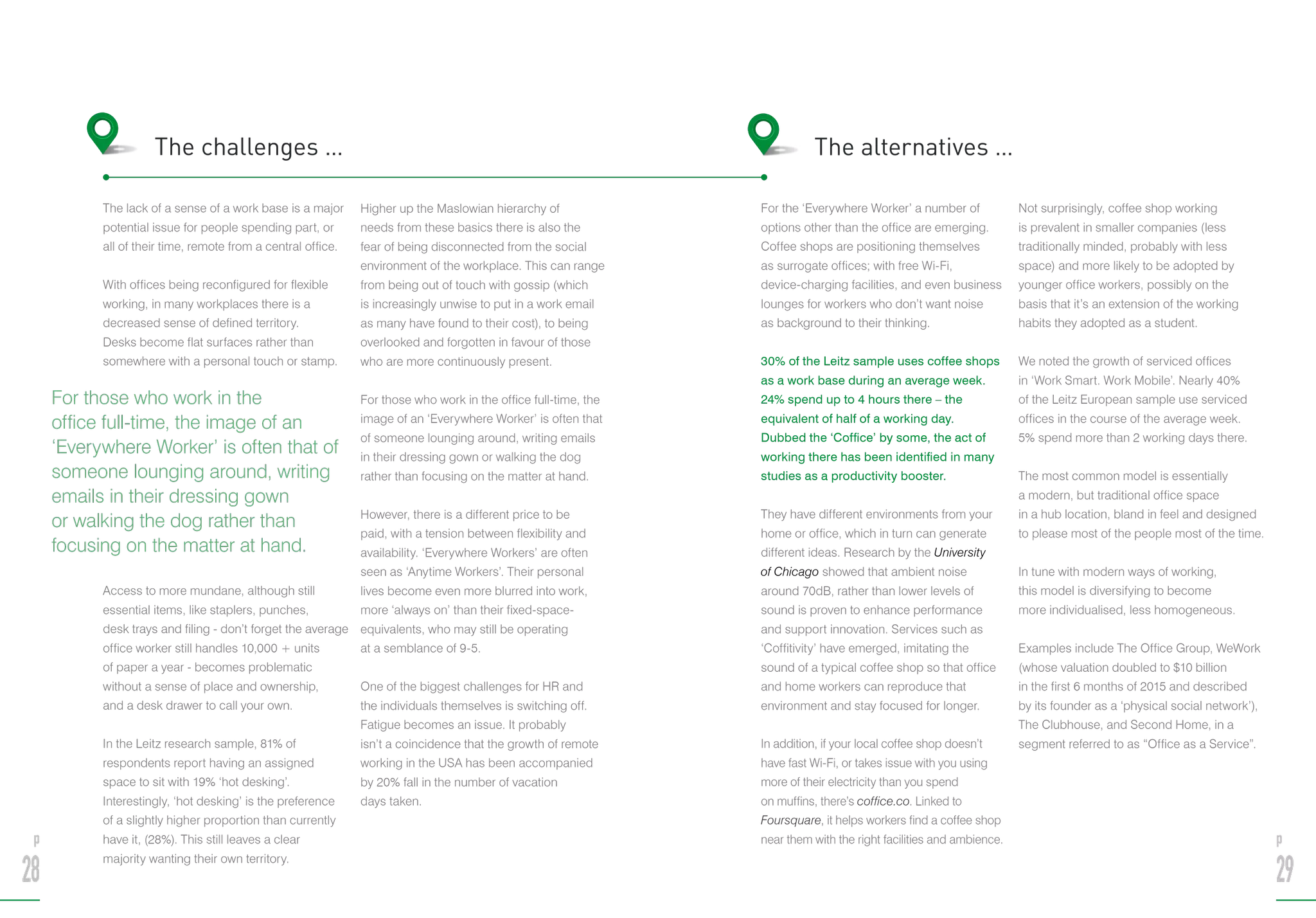 The lack of a sense of a work base is a major
potential issue for people spending part, or
all of their time, remote from a central office.
With offices being reconfigured for flexible
working, in many workplaces there is a
decreased sense of defined territory.
Desks become flat surfaces rather than
somewhere with a personal touch or stamp.
Access to more mundane, although still
essential items, like staplers, punches,
desk trays and filing - don’t forget the average
office worker still handles 10,000 + units
of paper a year - becomes problematic
without a sense of place and ownership,
and a desk drawer to call your own.
In the Leitz research sample, 81% of
respondents report having an assigned
space to sit with 19% ‘hot desking’.
Interestingly, ‘hot desking’ is the preference
of a slightly higher proportion than currently
have it, (28%). This still leaves a clear
majority wanting their own territory.
Higher up the Maslowian hierarchy of
needs from these basics there is also the
fear of being disconnected from the social
environment of the workplace. This can range
from being out of touch with gossip (which
is increasingly unwise to put in a work email
as many have found to their cost), to being
overlooked and forgotten in favour of those
who are more continuously present.
For those who work in the office full-time, the
image of an ‘Everywhere Worker’ is often that
of someone lounging around, writing emails
in their dressing gown or walking the dog
rather than focusing on the matter at hand.
However, there is a different price to be
paid, with a tension between flexibility and
availability. ‘Everywhere Workers’ are often
seen as ‘Anytime Workers’. Their personal
lives become even more blurred into work,
more ‘always on’ than their fixed-space-
equivalents, who may still be operating
at a semblance of 9-5.
One of the biggest challenges for HR and
the individuals themselves is switching off.
Fatigue becomes an issue. It probably
isn’t a coincidence that the growth of remote
working in the USA has been accompanied
by 20% fall in the number of vacation
days taken.
The challenges …
For the ‘Everywhere Worker’ a number of
options other than the office are emerging.
Coffee shops are positioning themselves
as surrogate offices; with free Wi-Fi,
device-charging facilities, and even business
lounges for workers who don’t want noise
as background to their thinking.
30% of the Leitz sample uses coffee shops
as a work base during an average week.
24% spend up to 4 hours there – the
equivalent of half of a working day.
Dubbed the ‘Coffice’ by some, the act of
working there has been identified in many
studies as a productivity booster.
They have different environments from your
home or office, which in turn can generate
different ideas. Research by the University
of Chicago showed that ambient noise
around 70dB, rather than lower levels of
sound is proven to enhance performance
and support innovation. Services such as
‘Coffitivity’ have emerged, imitating the
sound of a typical coffee shop so that office
and home workers can reproduce that
environment and stay focused for longer.
In addition, if your local coffee shop doesn’t
have fast Wi-Fi, or takes issue with you using
more of their electricity than you spend
on muffins, there’s coffice.co. Linked to
Foursquare, it helps workers find a coffee shop
near them with the right facilities and ambience.
Not surprisingly, coffee shop working
is prevalent in smaller companies (less
traditionally minded, probably with less
space) and more likely to be adopted by
younger office workers, possibly on the
basis that it’s an extension of the working
habits they adopted as a student.
We noted the growth of serviced offices
in ‘Work Smart. Work Mobile’. Nearly 40%
of the Leitz European sample use serviced
offices in the course of the average week.
5% spend more than 2 working days there.
The most common model is essentially
a modern, but traditional office space
in a hub location, bland in feel and designed
to please most of the people most of the time.
In tune with modern ways of working,
this model is diversifying to become
more individualised, less homogeneous.
Examples include The Office Group, WeWork
(whose valuation doubled to $10 billion
in the first 6 months of 2015 and described
by its founder as a ‘physical social network’),
The Clubhouse, and Second Home, in a
segment referred to as “Office as a Service”.
The alternatives …
For those who work in the
office full-time, the image of an
‘Everywhere Worker’ is often that of
someone lounging around, writing
emails in their dressing gown
or walking the dog rather than
focusing on the matter at hand.
p
28
p
29
 