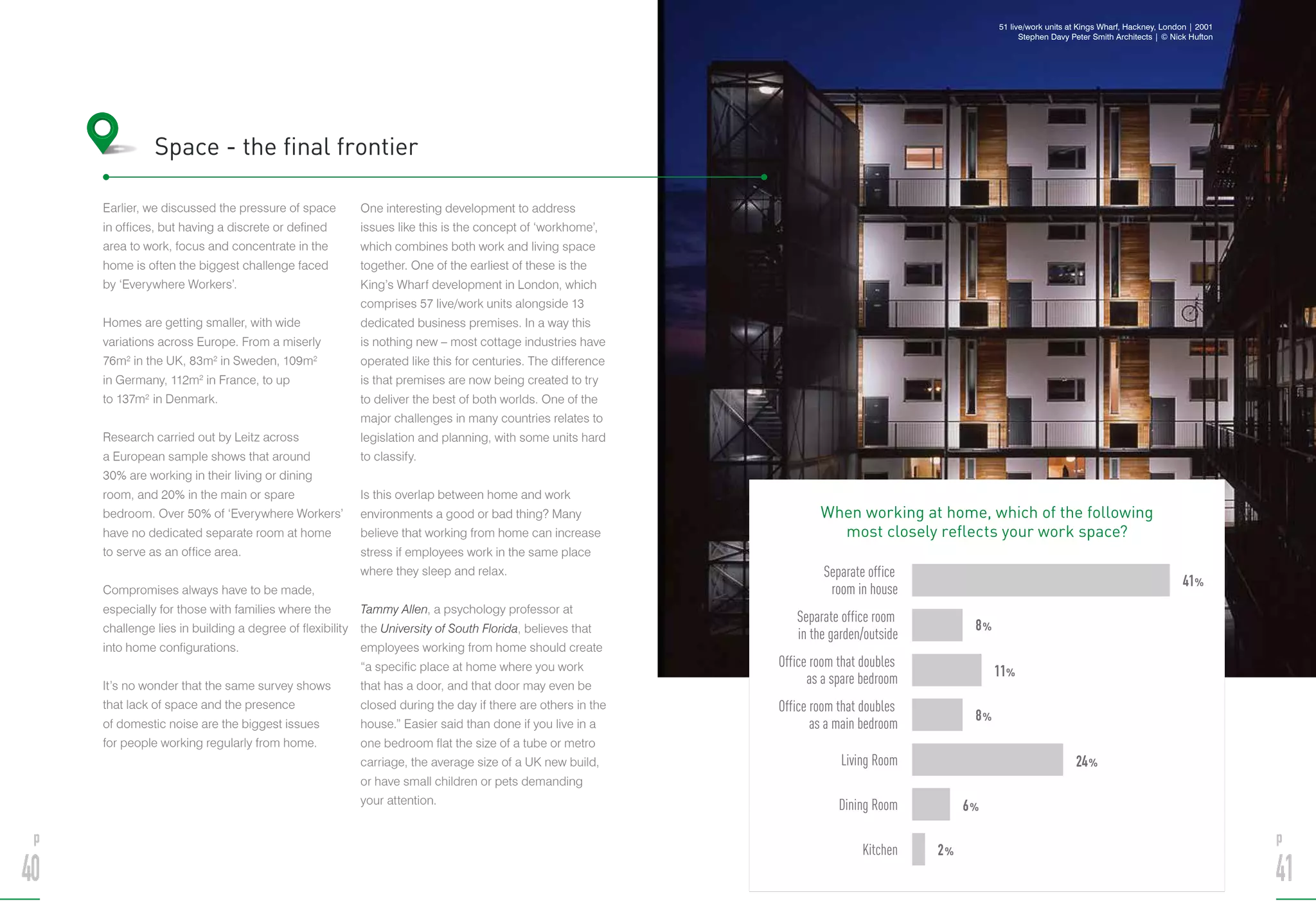 Earlier, we discussed the pressure of space
in offices, but having a discrete or defined
area to work, focus and concentrate in the
home is often the biggest challenge faced
by ‘Everywhere Workers’.
Homes are getting smaller, with wide
variations across Europe. From a miserly
76m2
in the UK, 83m2
in Sweden, 109m2
in Germany, 112m­2
in France, to up
to 137m2
in Denmark.
Research carried out by Leitz across
a European sample shows that around
30% are working in their living or dining
room, and 20% in the main or spare
bedroom. Over 50% of ‘Everywhere Workers’
have no dedicated separate room at home
to serve as an office area.
Compromises always have to be made,
especially for those with families where the
challenge lies in building a degree of flexibility
into home configurations.
It’s no wonder that the same survey shows
that lack of space and the presence
of domestic noise are the biggest issues
for people working regularly from home.
One interesting development to address
issues like this is the concept of ‘workhome’,
which combines both work and living space
together. One of the earliest of these is the
King’s Wharf development in London, which
comprises 57 live/work units alongside 13
dedicated business premises. In a way this
is nothing new – most cottage industries have
operated like this for centuries. The difference
is that premises are now being created to try
to deliver the best of both worlds. One of the
major challenges in many countries relates to
legislation and planning, with some units hard
to classify.
Is this overlap between home and work
environments a good or bad thing? Many
believe that working from home can increase
stress if employees work in the same place
where they sleep and relax.
Tammy Allen, a psychology professor at
the University of South Florida, believes that
employees working from home should create
“a specific place at home where you work
that has a door, and that door may even be
closed during the day if there are others in the
house.” Easier said than done if you live in a
one bedroom flat the size of a tube or metro
carriage, the average size of a UK new build,
or have small children or pets demanding
your attention.
Space - the final frontier
p
40
p
41
Coffee Shop
Travelling
Client Location
Serviced Office
Home
Main Office
0 10 20 30 40 50
Kitchen
Dining Room
Living Room
Office room that doubles
as a main bedroom
Office room that doubles
as a spare bedroom
Separate office room
in the garden/outside
Separate office
room in house
41%
8%
11%
8%
24%
6%
2%
51 live/work units at Kings Wharf, Hackney, London | 2001
Stephen Davy Peter Smith Architects | © Nick Hufton
When working at home, which of the following
most closely reflects your work space?
 