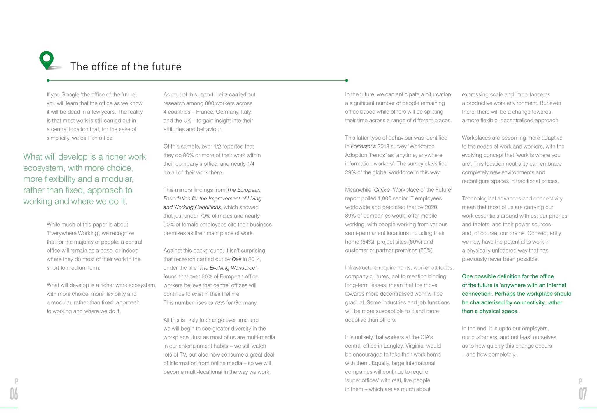 In the future, we can anticipate a bifurcation;
a significant number of people remaining
office based while others will be splitting
their time across a range of different places.
This latter type of behaviour was identified
in Forrester’s 2013 survey ‘Workforce
Adoption Trends’ as ‘anytime, anywhere
information workers’. The survey classified
29% of the global workforce in this way.
Meanwhile, Citrix’s ’Workplace of the Future’
report polled 1,900 senior IT employees
worldwide and predicted that by 2020,
89% of companies would offer mobile
working, with people working from various
semi-permanent locations including their
home (64%), project sites (60%) and
customer or partner premises (50%).
Infrastructure requirements, worker attitudes,
company cultures, not to mention binding
long-term leases, mean that the move
towards more decentralised work will be
gradual. Some industries and job functions
will be more susceptible to it and more
adaptive than others.
It is unlikely that workers at the CIA’s
central office in Langley, Virginia, would
be encouraged to take their work home
with them. Equally, large international
companies will continue to require
‘super offices’ with real, live people
in them – which are as much about
expressing scale and importance as
a productive work environment. But even
there, there will be a change towards
a more flexible, decentralised approach.
Workplaces are becoming more adaptive
to the needs of work and workers, with the
evolving concept that ‘work is where you
are’. This location neutrality can embrace
completely new environments and
reconfigure spaces in traditional offices.
Technological advances and connectivity
mean that most of us are carrying our
work essentials around with us: our phones
and tablets, and their power sources
and, of course, our brains. Consequently
we now have the potential to work in
a physically unfettered way that has
previously never been possible.
One possible definition for the office
of the future is ‘anywhere with an Internet
connection’. Perhaps the workplace should
be characterised by connectivity, rather
than a physical space.
In the end, it is up to our employers,
our customers, and not least ourselves
as to how quickly this change occurs
– and how completely.
If you Google ‘the office of the future’,
you will learn that the office as we know
it will be dead in a few years. The reality
is that most work is still carried out in
a central location that, for the sake of
simplicity, we call ‘an office’.
While much of this paper is about
‘Everywhere Working’, we recognise
that for the majority of people, a central
office will remain as a base, or indeed
where they do most of their work in the
short to medium term.
What will develop is a richer work ecosystem,
with more choice, more flexibility and
a modular, rather than fixed, approach
to working and where we do it.
As part of this report, Leitz carried out
research among 800 workers across
4 countries – France, Germany, Italy
and the UK – to gain insight into their
attitudes and behaviour.
Of this sample, over 1/2 reported that
they do 80% or more of their work within
their company’s office, and nearly 1/4
do all of their work there.
This mirrors findings from The European
Foundation for the Improvement of Living
and Working Conditions, which showed
that just under 70% of males and nearly
90% of female employees cite their business
premises as their main place of work.
Against this background, it isn’t surprising
that research carried out by Dell in 2014,
under the title ‘The Evolving Workforce’,
found that over 60% of European office
workers believe that central offices will
continue to exist in their lifetime.
This number rises to 73% for Germany.
All this is likely to change over time and
we will begin to see greater diversity in the
workplace. Just as most of us are multi-media
in our entertainment habits – we still watch
lots of TV, but also now consume a great deal
of information from online media – so we will
become multi-locational in the way we work.
The office of the future
What will develop is a richer work
ecosystem, with more choice,
more flexibility and a modular,
rather than fixed, approach to
working and where we do it.
p
07
p
06
 