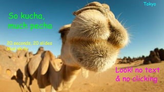 So kucha,
much pecha
Look! no text
& no clicking
20 seconds, 20 slides
Mad skillz
Tokyo
 