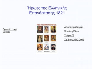 Ήρωες της Ελληνικής
               Επανάστασης 1821


                                Από την μαθήτρια:
Εργασία στην
Ιστορία                         Χασάπη Όλγα
                                Τμήμα:Γ3
                                Σχ.Έτος:2012-2013
 