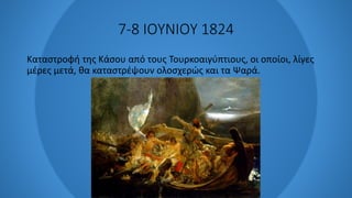 7-8 ΙΟΥΝΙΟΥ 1824
Καταστροφή της Κάσου από τους Τουρκοαιγύπτιους, οι οποίοι, λίγες
μέρες μετά, θα καταστρέψουν ολοσχερώς και τα Ψαρά.
 