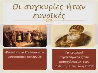 
Φιλελληνικό Πνεύμα στις
ευρωπαϊκές κοινωνίες
Τα τουρκικά
στρατεύματα ήταν
απασχολημένα στον
πόλεμο με τον Αλή Πασά
Οι συγκυρίες ήταν
ευνοϊκές
 