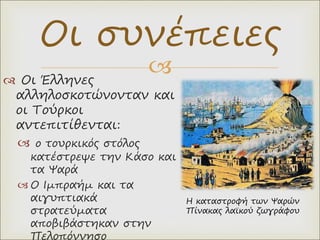 
 Οι Έλληνες
αλληλοσκοτώνονταν και
οι Τούρκοι
αντεπιτίθενται:
 ο τουρκικός στόλος
κατέστρεψε την Κάσο και
τα Ψαρά
 Ο Ιμπραήμ και τα
αιγυπτιακά
στρατεύματα
αποβιβάστηκαν στην
Πελοπόννησο
Οι συνέπειες
Η καταστροφή των Ψαρών
Πίνακας λαϊκού ζωγράφου
 
