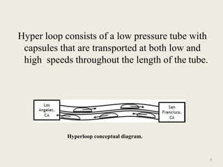 Hyper loop consists of a low pressure tube with
capsules that are transported at both low and
high speeds throughout the length of the tube.
9
Hyperloop conceptual diagram.
 