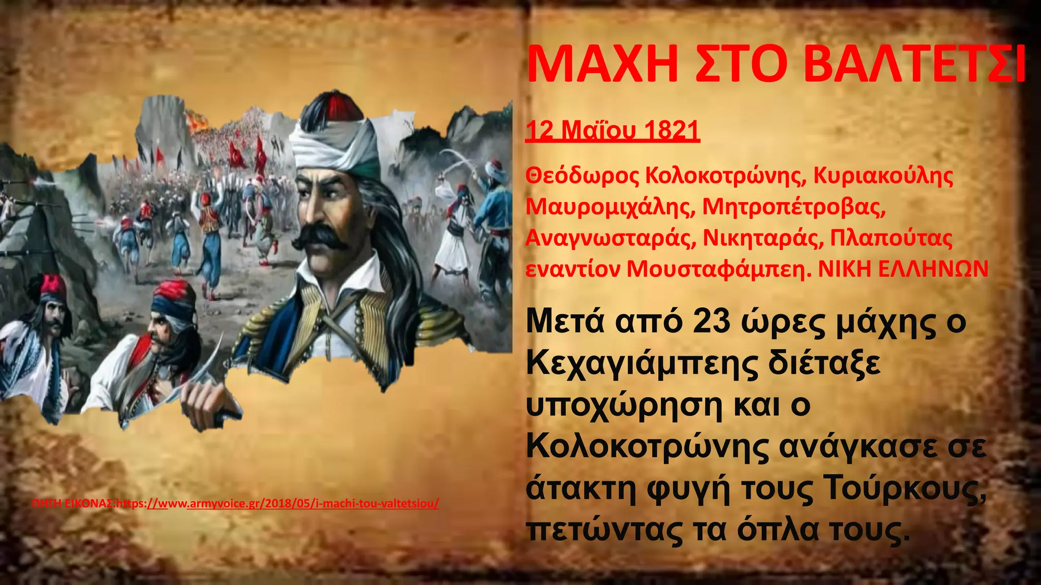 ΜΑΧΗ ΣΤΟ ΒΑΛΤΕΤΣΙ
12 Μαΐου 1821
Θεόδωρος Κολοκοτρώνης, Κυριακούλης
Μαυρομιχάλης, Μητροπέτροβας,
Αναγνωσταράς, Νικηταράς, Πλαπούτας
εναντίον Μουσταφάμπεη. ΝΙΚΗ ΕΛΛΗΝΩΝ
Μετά από 23 ώρες μάχης ο
Κεχαγιάμπεης διέταξε
υποχώρηση και ο
Κολοκοτρώνης ανάγκασε σε
άτακτη φυγή τους Τούρκους,
πετώντας τα όπλα τους.
ΠΗΓΗ ΕΙΚΟΝΑΣ:https://www.armyvoice.gr/2018/05/i-machi-tou-valtetsiou/
 