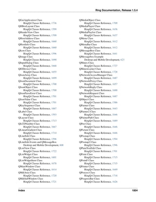Ring Documentation, Release 1.5.4
QGuiApplication Class
RingQt Classes Reference, 1736
QHBoxLayout Class
RingQt Classes Reference, 1599
QHeaderView Class
RingQt Classes Reference, 1709
QHostAddress Class
RingQt Classes Reference, 1660
QHostInfo Class
RingQt Classes Reference, 1660
QIcon Class
RingQt Classes Reference, 1596
QImage Class
RingQt Classes Reference, 1690
QInputDialog Class
RingQt Classes Reference, 1668
QIODevice Class
RingQt Classes Reference, 1655
QJsonArray Class
RingQt Classes Reference, 1699
QJsonDocument Class
RingQt Classes Reference, 1700
QJsonObject Class
RingQt Classes Reference, 1700
QJsonParseError Class
RingQt Classes Reference, 1701
QJsonValue Class
RingQt Classes Reference, 1701
QKeySequence Class
RingQt Classes Reference, 1667
QLabel Class
RingQt Classes Reference, 1593
QLayout Class
RingQt Classes Reference, 1713
QLCDNumber Class
RingQt Classes Reference, 1667
QLinearGradient Class
RingQt Classes Reference, 1714
QLineEdit Class
RingQt Classes Reference, 1596
QLineEdit Events and QMessageBox
Desktop and Mobile Development, 608
QListView Class
RingQt Classes Reference, 1722
QListWidget Class
RingQt Classes Reference, 1601
QListWidgetItem Class
RingQt Classes Reference, 1678
QMainWindow Class
RingQt Classes Reference, 1614
QMdiArea Class
RingQt Classes Reference, 1720
QMdiSubWindow Class
RingQt Classes Reference, 1721
QMediaObject Class
RingQt Classes Reference, 1709
QMediaPlayer Class
RingQt Classes Reference, 1636
QMediaPlaylist Class
RingQt Classes Reference, 1637
QMenu Class
RingQt Classes Reference, 1612
QMenuBar Class
RingQt Classes Reference, 1612
QMessageBox Class
RingQt Classes Reference, 1641
QMessagebox Example
Desktop and Mobile Development, 623
QMutex Class
RingQt Classes Reference, 1727
QMutexLocker Class
RingQt Classes Reference, 1728
QNetworkAccessManager Class
RingQt Classes Reference, 1687
QNetworkProxy Class
RingQt Classes Reference, 1657
QNetworkReply Class
RingQt Classes Reference, 1688
QNetworkRequest Class
RingQt Classes Reference, 1687
QObject Class
RingQt Classes Reference, 1586
QPainter Class
RingQt Classes Reference, 1643
QPainter2 Class
RingQt Classes Reference, 1646
QPainterPath Class
RingQt Classes Reference, 1689
QPen Class
RingQt Classes Reference, 1646
QPicture Class
RingQt Classes Reference, 1646
QPixmap Class
RingQt Classes Reference, 1594
QPixmap2 Class
RingQt Classes Reference, 1596
QPlainTextEdit Class
RingQt Classes Reference, 1701
QPoint Class
RingQt Classes Reference, 1715
QPointF Class
RingQt Classes Reference, 1715
QPrinter Class
RingQt Classes Reference, 1649
QProcess Class
RingQt Classes Reference, 1718
QProgressBar Class
RingQt Classes Reference, 1626
Index 1804
 