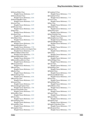 Ring Documentation, Release 1.5.4
QAbstractSlider Class
RingQt Classes Reference, 1627
QAbstractSocket Class
RingQt Classes Reference, 1656
QAbstractSpinBox Class
RingQt Classes Reference, 1630
QAction Class
RingQt Classes Reference, 1639
QAllEvents Class
RingQt Classes Reference, 1669
QApp Class
RingQt Classes Reference, 1586
QAxBase Class
RingQt Classes Reference, 1723
QAxObject Class
RingQt Classes Reference, 1723
QBitmap Class
RingQt Classes Reference, 1594
QBluetoothAddress Class
RingQt Classes Reference, 1728
QBluetoothDeviceDiscoveryAgent Class
RingQt Classes Reference, 1728
QBluetoothDeviceInfo Class
RingQt Classes Reference, 1729
QBluetoothHostInfo Class
RingQt Classes Reference, 1729
QBluetoothLocalDevice Class
RingQt Classes Reference, 1730
QBoxLayout Class
RingQt Classes Reference, 1713
QBrush Class
RingQt Classes Reference, 1653
QBuffer Class
RingQt Classes Reference, 1728
QButtonGroup Class
RingQt Classes Reference, 1636
QByteArray Class
RingQt Classes Reference, 1653
QCamera Class
RingQt Classes Reference, 1707
QCameraImageCapture Class
RingQt Classes Reference, 1708
QCameraViewﬁnder Class
RingQt Classes Reference, 1707
QCheckBox Class
RingQt Classes Reference, 1634
QColor Class
RingQt Classes Reference, 1647
QColorDialog Class
RingQt Classes Reference, 1665
QComboBox Class
RingQt Classes Reference, 1610
QCompleter Class
RingQt Classes Reference, 1717
QCompleter2 Class
RingQt Classes Reference, 1718
QCompleter3 Class
RingQt Classes Reference, 1718
QCursor Class
RingQt Classes Reference, 1721
QDate Class
RingQt Classes Reference, 1680
QDateEdit Class
RingQt Classes Reference, 1629
QDateTime Class
RingQt Classes Reference, 1730
QDateTimeEdit Class
RingQt Classes Reference, 1629
QDesktopServices Class
RingQt Classes Reference, 1586
QDesktopWidget Class
RingQt Classes Reference, 1673
QDial Class
RingQt Classes Reference, 1631
QDialog Class
RingQt Classes Reference, 1663
QDir Class
RingQt Classes Reference, 1605
QDirModel Class
RingQt Classes Reference, 1662
QDockWidget Class
RingQt Classes Reference, 1616
QEvent Class
RingQt Classes Reference, 1640
QFileDialog Class
RingQt Classes Reference, 1642
QFileInfo Class
RingQt Classes Reference, 1660
QFileSystemModel Class
RingQt Classes Reference, 1605
QFont Class
RingQt Classes Reference, 1651
QFontDialog Class
RingQt Classes Reference, 1663
QFontMetrics Class
RingQt Classes Reference, 1711
QFrame Class
RingQt Classes Reference, 1619
QFrame2 Class
RingQt Classes Reference, 1620
QFrame3 Class
RingQt Classes Reference, 1620
QGradient Class
RingQt Classes Reference, 1714
QGraphicsVideoItem Class
RingQt Classes Reference, 1707
QGridLayout Class
RingQt Classes Reference, 1704
Index 1803
 
