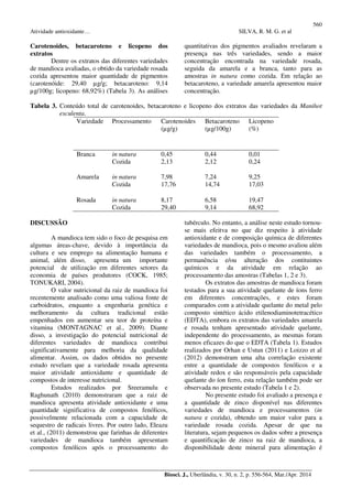 560
Atividade antioxidante… SILVA, R. M. G. et al
Biosci. J., Uberlândia, v. 30, n. 2, p. 556-564, Mar./Apr. 2014
Carotenoides, betacaroteno e licopeno dos
extratos
Dentre os extratos das diferentes variedades
de mandioca avaliadas, o obtido da variedade rosada
cozida apresentou maior quantidade de pigmentos
(carotenóide: 29,40 µg/g; betacaroteno: 9,14
µg/100g; licopeno: 68,92%) (Tabela 3). As análises
quantitativas dos pigmentos avaliados revelaram a
presença nas três variedades, sendo a maior
concentração encontrada na variedade rosada,
seguida da amarela e a branca, tanto para as
amostras in natura como cozida. Em relação ao
betacaroteno, a variedade amarela apresentou maior
concentração.
Tabela 3. Conteúdo total de carotenoides, betacaroteno e licopeno dos extratos das variedades da Manihot
esculenta.
Variedade Processamento Carotenoides
(µg/g)
Betacaroteno
(µg/100g)
Licopeno
(%)
Branca in natura 0,45 0,44 0,01
Cozida 2,13 2,12 0,24
Amarela in natura 7,98 7,24 9,25
Cozida 17,76 14,74 17,03
Rosada in natura 8,17 6,58 19,47
Cozida 29,40 9,14 68,92
DISCUSSÃO
A mandioca tem sido o foco de pesquisa em
algumas áreas-chave, devido à importância da
cultura e seu emprego na alimentação humana e
animal, além disso, apresenta um importante
potencial de utilização em diferentes setores da
economia de países produtores (COCK, 1985;
TONUKARI, 2004).
O valor nutricional da raiz de mandioca foi
recentemente analisado como uma valiosa fonte de
carboidratos, enquanto a engenharia genética e
melhoramento da cultura tradicional estão
empenhados em aumentar seu teor de proteína e
vitamina (MONTAGNAC et al., 2009). Diante
disso, a investigação do potencial nutricional de
diferentes variedades de mandioca contribui
significativamente para melhoria da qualidade
alimentar. Assim, os dados obtidos no presente
estudo revelam que a variedade rosada apresenta
maior atividade antioxidante e quantidade de
compostos de interesse nutricional.
Estudos realizados por Sreeramulu e
Raghunath (2010) demonstraram que a raiz de
mandioca apresenta atividade antioxidante e uma
quantidade significativa de compostos fenólicos,
possivelmente relacionada com a capacidade de
sequestro de radicais livres. Por outro lado, Eleazu
et al., (2011) demonstrou que farinhas de diferentes
variedades de mandioca também apresentam
compostos fenólicos após o processamento do
tubérculo. No entanto, a análise neste estudo tornou-
se mais efeitva no que diz respeito à atividade
antioxidante e de composição química de diferentes
variedades de mandioca, pois o mesmo avaliou além
das variedades também o processamento, a
permanência e/ou alteração dos contituintes
químicos e da atividade em relação ao
processamento das amostras (Tabelas 1, 2 e 3).
Os extratos das amostras de mandioca foram
testados para a sua atividade quelante de íons ferro
em diferentes concentrações, e estes foram
comparados com a atividade quelante do metal pelo
composto sintético ácido etilenodiaminotetracético
(EDTA), embora os extratos das variedades amarela
e rosada tenham apresentado atividade quelante,
independente do processamento, as mesmas foram
menos eficazes do que o EDTA (Tabela 1). Estudos
realizados por Orhan e Ustun (2011) e Loizzo et al
(2012) demonstram uma alta correlação existente
entre a quantidade de compostos fenólicos e a
atividade redox e são responsáveis pela capacidade
quelante do íon ferro, esta relação também pode ser
observada no presente estudo (Tabela 1 e 2).
No presente estudo foi avaliado a presença e
a quantidade de zinco disponível nas diferentes
variedades de mandioca e processamentos (in
natura e cozida), obtendo um maior valor para a
variedade rosada cozida. Apesar de que na
literatura, sejam pequenos os dados sobre a presença
e quantificação de zinco na raiz de mandioca, a
disponibilidade deste mineral para alimentação é
 