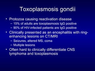 Toxoplasmosis gondii Protozoa causing reactivation disease 15% of adults are toxoplasmosis IgG positive 90% of HIV-infected patients are IgG positive Clinically presented as an encephalitis with ring-enhancing lesions on CT/MRI Seizures, altered MS, coma Multiple lesions Often hard to clinically differentiate CNS lymphoma and toxoplasmosis 