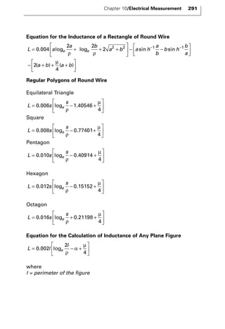 Equation for the Inductance of a Rectangle of Round Wire 
 
2 2 
μ 
(a b) (a b) 
Regular Polygons of Round Wire 
Equilateral Triangle 
Square 
Pentagon 
Hexagon 
Octagon 
 
 
 
 
 
= e + + 
L s 
s 
  
Equation for the Calculation of Inductance of Any Plane Figure 
 
2 
α 
= 0 002 
e − + 
. logρ 
L l 
l 
  
 
  
μ 
4 
where 
l = perimeter of the figure 
 
  
0 016 0 21198 
4 
. log . 
ρ 
μ 
L s 
s 
= e − + 
  
 
  
0 012 0 15152 
4 
. log . 
ρ 
μ 
L s 
s 
= e − + 
  
 
  
0 010 0 40914 
4 
. log . 
ρ 
μ 
L s 
s 
= e − + 
  
 
  
0 008 0 77401 
4 
. log . 
ρ 
μ 
L s 
s 
= e − + 
  
 
  
0 006 1 40546 
4 
. log . 
ρ 
μ 
L a 
a b 
a b a h 
a 
b 
b h 
b 
e e a = + + + 
  
 
  
−  − 
 
0 004 − − 
. log log 2 2 2 sin 1 sin 1 
ρ ρ  
 
  
−  + + + 
  
 
  
2 
4 
Chapter 10/Electrical Measurement 291 
 