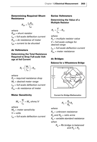 Determining Required Shunt 
Resistance 
m m 
sh 
= 
where 
Rsh = shunt resistor 
Im = full-scale deflection current 
Rm = dc resistance of meter 
Ish = current to be shunted 
dc Voltmeters 
Determining the Total Resistance 
Required to Drop Full-scale Volt-age 
at fsd Current 
r 
m 
 
= m 
where 
Rt = required resistance drop 
Mr = desired meter range 
Im = full-scale deflection current 
Rm = dc resistance of meter 
Meter Sensitivity 
= = s 1 
where 
Ms = meter sensitivity 
V = volts 
Im = full-scale deflection current 
Series Voltmeters 
Determining the Value of a 
Multiple Resistor 
= − m 
where 
Rv = multiple resistor value 
V = full-scale voltage for 
desired range 
Im = full-scale deflection current 
Rm = meter resistance 
dc Bridges 
Balance for a Wheatstone Bridge 
Rb Ra 
lb 
lx ls 
a 
b 
Rx Rs 
la 
= s 
where 
Rx = unknown resistance 
Ra and Rb = ratio arms 
Rs = variable standard resistance 
when 
Ra = Rb bridge is balanced 
and Rx = Rs 
R 
R 
R 
x R 
R 
V 
I 
v R 
m 
M 
V 
I 
s M ohms V 
m 
/ 
R 
M 
I 
t R 
  
 
  
− 
R 
I R 
sh I 
Chapter 10/Electrical Measurement 263 
Null 
Current for Bridge Mathematics 
 