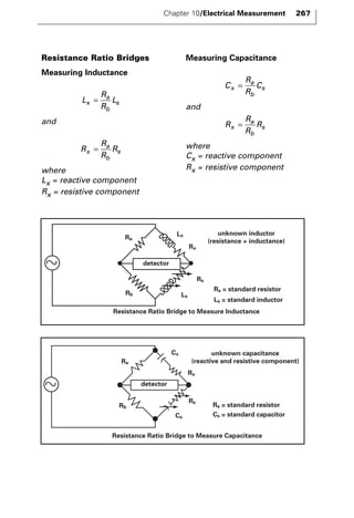 Resistance Ratio Bridges 
Measuring Inductance 
and 
R 
R 
a 
b 
= s 
x L 
a 
b 
= s 
L 
where 
Lx = reactive component 
Rx = resistive component 
Measuring Capacitance 
and 
C 
R 
R 
R 
a 
b 
= s 
x C 
R 
R 
a 
b 
= s 
x R 
where 
Cx = reactive component 
Rx = resistive component 
R 
R 
R 
x R 
Chapter 10/Electrical Measurement 267 
detector 
Lx 
Rx 
Ra 
Rb Ls 
Rs 
unknown inductor 
(resistance + inductance) 
Rs = standard resistor 
Ls = standard inductor 
Resistance Ratio Bridge to Measure Inductance 
Cx 
(reactive and resistive component) 
Rx 
Ra 
Rb 
Cs 
unknown capacitance 
Rs Rs = standard resistor 
Cs = standard capacitor 
detector 
Resistance Ratio Bridge to Measure Capacitance 
 