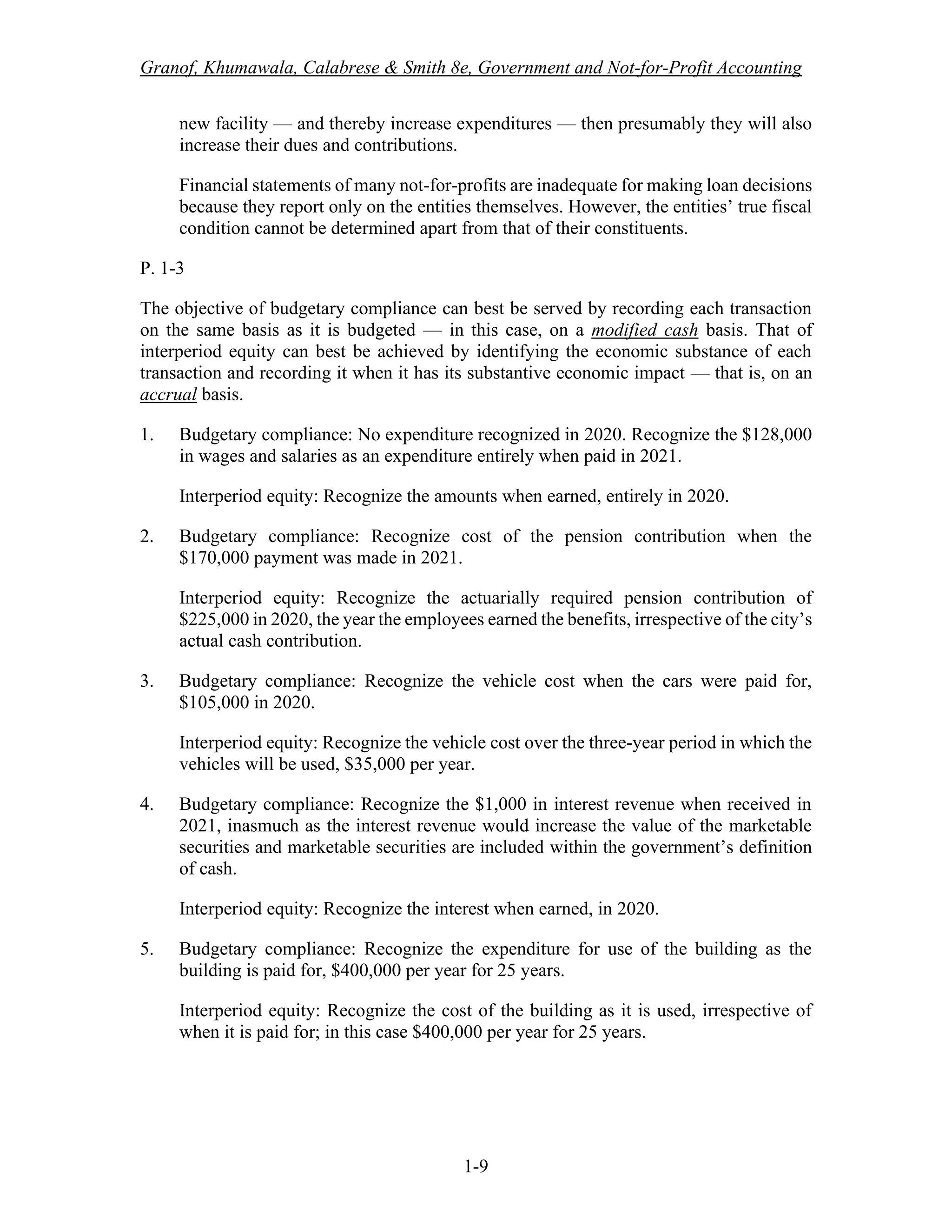 Granof, Khumawala, Calabrese & Smith 8e, Government and Not-for-Profit Accounting
1-9
new facility — and thereby increase expenditures — then presumably they will also
increase their dues and contributions.
Financial statements of many not-for-profits are inadequate for making loan decisions
because they report only on the entities themselves. However, the entities’ true fiscal
condition cannot be determined apart from that of their constituents.
P. 1-3
The objective of budgetary compliance can best be served by recording each transaction
on the same basis as it is budgeted — in this case, on a modified cash basis. That of
interperiod equity can best be achieved by identifying the economic substance of each
transaction and recording it when it has its substantive economic impact — that is, on an
accrual basis.
1. Budgetary compliance: No expenditure recognized in 2020. Recognize the $128,000
in wages and salaries as an expenditure entirely when paid in 2021.
Interperiod equity: Recognize the amounts when earned, entirely in 2020.
2. Budgetary compliance: Recognize cost of the pension contribution when the
$170,000 payment was made in 2021.
Interperiod equity: Recognize the actuarially required pension contribution of
$225,000 in 2020, the year the employees earned the benefits, irrespective of the city’s
actual cash contribution.
3. Budgetary compliance: Recognize the vehicle cost when the cars were paid for,
$105,000 in 2020.
Interperiod equity: Recognize the vehicle cost over the three-year period in which the
vehicles will be used, $35,000 per year.
4. Budgetary compliance: Recognize the $1,000 in interest revenue when received in
2021, inasmuch as the interest revenue would increase the value of the marketable
securities and marketable securities are included within the government’s definition
of cash.
Interperiod equity: Recognize the interest when earned, in 2020.
5. Budgetary compliance: Recognize the expenditure for use of the building as the
building is paid for, $400,000 per year for 25 years.
Interperiod equity: Recognize the cost of the building as it is used, irrespective of
when it is paid for; in this case $400,000 per year for 25 years.
 