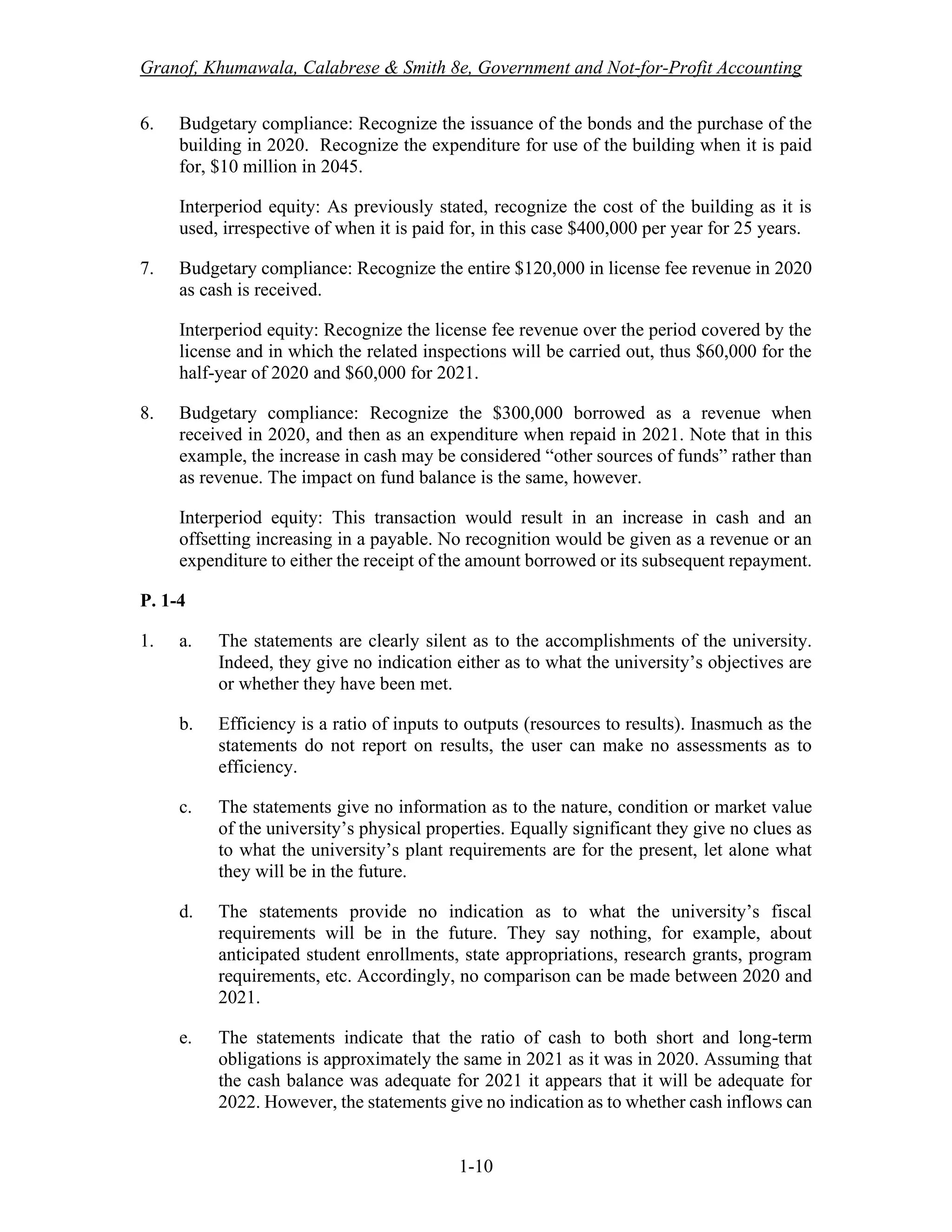 Granof, Khumawala, Calabrese & Smith 8e, Government and Not-for-Profit Accounting
1-10
6. Budgetary compliance: Recognize the issuance of the bonds and the purchase of the
building in 2020. Recognize the expenditure for use of the building when it is paid
for, $10 million in 2045.
Interperiod equity: As previously stated, recognize the cost of the building as it is
used, irrespective of when it is paid for, in this case $400,000 per year for 25 years.
7. Budgetary compliance: Recognize the entire $120,000 in license fee revenue in 2020
as cash is received.
Interperiod equity: Recognize the license fee revenue over the period covered by the
license and in which the related inspections will be carried out, thus $60,000 for the
half-year of 2020 and $60,000 for 2021.
8. Budgetary compliance: Recognize the $300,000 borrowed as a revenue when
received in 2020, and then as an expenditure when repaid in 2021. Note that in this
example, the increase in cash may be considered “other sources of funds” rather than
as revenue. The impact on fund balance is the same, however.
Interperiod equity: This transaction would result in an increase in cash and an
offsetting increasing in a payable. No recognition would be given as a revenue or an
expenditure to either the receipt of the amount borrowed or its subsequent repayment.
P. 1-4
1. a. The statements are clearly silent as to the accomplishments of the university.
Indeed, they give no indication either as to what the university’s objectives are
or whether they have been met.
b. Efficiency is a ratio of inputs to outputs (resources to results). Inasmuch as the
statements do not report on results, the user can make no assessments as to
efficiency.
c. The statements give no information as to the nature, condition or market value
of the university’s physical properties. Equally significant they give no clues as
to what the university’s plant requirements are for the present, let alone what
they will be in the future.
d. The statements provide no indication as to what the university’s fiscal
requirements will be in the future. They say nothing, for example, about
anticipated student enrollments, state appropriations, research grants, program
requirements, etc. Accordingly, no comparison can be made between 2020 and
2021.
e. The statements indicate that the ratio of cash to both short and long-term
obligations is approximately the same in 2021 as it was in 2020. Assuming that
the cash balance was adequate for 2021 it appears that it will be adequate for
2022. However, the statements give no indication as to whether cash inflows can
 