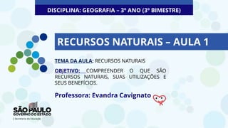 Professora: Evandra Cavignato
DISCIPLINA: GEOGRAFIA – 3º ANO (3º BIMESTRE)
TEMA DA AULA: RECURSOS NATURAIS
OBJETIVO: COMPREENDER O QUE SÃO
RECURSOS NATURAIS, SUAS UTILIZAÇÕES E
SEUS BENEFÍCIOS.
RECURSOS NATURAIS – AULA 1
 