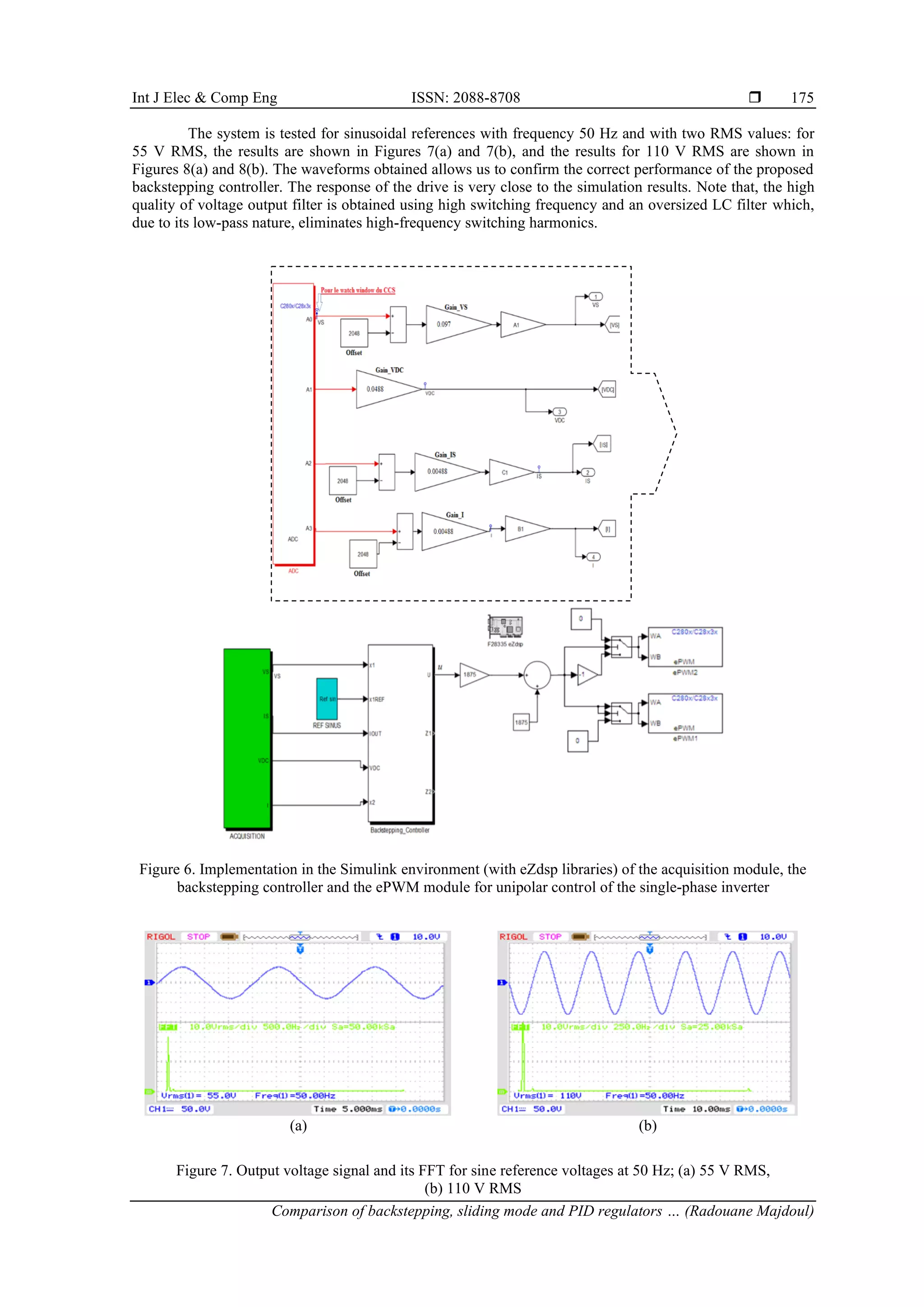 Int J Elec & Comp Eng ISSN: 2088-8708 
Comparison of backstepping, sliding mode and PID regulators … (Radouane Majdoul)
175
The system is tested for sinusoidal references with frequency 50 Hz and with two RMS values: for
55 V RMS, the results are shown in Figures 7(a) and 7(b), and the results for 110 V RMS are shown in
Figures 8(a) and 8(b). The waveforms obtained allows us to confirm the correct performance of the proposed
backstepping controller. The response of the drive is very close to the simulation results. Note that, the high
quality of voltage output filter is obtained using high switching frequency and an oversized LC filter which,
due to its low-pass nature, eliminates high-frequency switching harmonics.
Figure 6. Implementation in the Simulink environment (with eZdsp libraries) of the acquisition module, the
backstepping controller and the ePWM module for unipolar control of the single-phase inverter
(a) (b)
Figure 7. Output voltage signal and its FFT for sine reference voltages at 50 Hz; (a) 55 V RMS,
(b) 110 V RMS
 