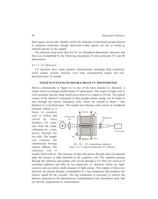 Partition Column Chromatography 97 
This UV detector is inexpensive, sensitive to normal flow and temperature 
fluctuations, and well suited to gradient elution. It is, however, a selective detector. 
Only sample molecules which absorb at 254 nm can be detected. 
Variable Wavelength UV Detector 
Many analytes (i.e. the separated compounds as they emerge in the effluent 
from the column) do not absorb at 254 nm and a variety of UV/VIS detectors 
offering other wavelengths have become available. 
A variable wavelength UV detector of this type, a spectrophotometer, produces 
light of a preselected wavelength, directs it through the sample cell, and measures 
the light transmitted by the cell. 
Figure 6.4 shows a schematic spectrophotometer used as an LC detector. 
For absorption measurements in the ultraviolet region, a high pressure hydrogen 
or deuterium lamp is used. These lamps produce radiation in the 200–320 nm 
Monoch rom ator 
G ra ting 
E xit 
s lit 
E ntrance 
s lit 
Lig h t 
sou rce 
R ef. 
B eam 
S plitter 
S am ple 
D ete c tor 
R ota ting cho p pe r 
Figure 6.4 Schematic spectrophotometer used as an LC detector 
range. The light source for visible region is the tungsten lamp, with a wavelength 
range of 320–800 nm. Instruments with both lamps have greater flexibility and can 
be used for the study of a wide variety of molecular species. 
Both lamps discussed above produce continuous emissions of all wavelengths 
within their range. Therefore, a spectrophotometer must have an optical system to 
select monochromatic light. Modern instruments use a diffraction grating usually 
to produce the desired wavelengths. 
Before the monochromatic light impinges on the sample, it passes through a 
system of necessary condensing optics which focusses it with sufficient intensity 
 