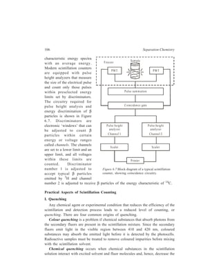 Partition Column Chromatography 107 
efficiency of the scintillation process. To avoid this type of quenching the sample 
can be purified or the concentration of the fluors can be increased. 
Point quenching occurs if the radioactive sample is not completely dissolved 
in the solvent. The emitted β particles may be absorbed before they have a chance 
to interact with solvent molecules. The addition of solubilizing agents such as 
Cab–O–Sil or Thixin decreases point quenching by converting the liquid scintillator 
to a gel. 
Dilution quenching results when a large volume of liquid radioactive sample is 
added to the scintillation solution. In most cases, this type of quenching cannot be 
eliminated, but it can be corrected. Modern scintillation counters are equipped with 
a standard radiation source inside the instrument but outside the scintillation 
solution. The radiation source, usually a gamma emitter, is mechanically moved 
into a position next to the vial containing the sample, and the combined system of 
standard and sample is counted. Gamma rays from the standard will excite solvent 
molecules in the sample, and the scintillation process occurs as previously 
described. However, the instrument is adjusted to register only scintillations due 
to γ particle collisions with solvent molecules. 
II. Sample Preparation 
Many of the quenching problems discussed above can be lessened if an 
experiment is carefully planned. A wide variety of sample preparation methods 
and scintillation liquids are available for use. Some of the more common 
techniques are mentioned below. 
Two major types of solvent are used, those that are immiscible with water and 
those that dissolve in water. Table 6.2 lists some of the more popular scintillation 
systems. 
A mixture of solvent and fluor(s) 
 
e.g. dansylchloride, 
N (CH 3 )2 
O = S = O 
C l 
 
is popularly called a scintillation cocktail. Toluene-based cocktails are most 
extensively used for non-aqueous radioactive samples. Many biological samples, 
however, contain water or are not soluble in toluene solutions. Dioxane-based 
cocktails have been developed that dissolve most hydrophilic samples; however, 
dioxane causes some quenching itself. Bray’s solution, containing the polar 
solvents ethylene glycol, methanol, and dioxane, is especially suitable for aqueous 
 