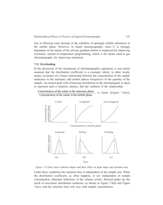 134 Separation Chemistry 
The leading and trailing edges of the solute band on the column contain solute 
at low concentrations, while at the centre of the band solute is present at high 
concentrations. Considering the case in which, at high concentrations, the 
stationary phase approaches saturation with solute, but the solvent does not, the 
centre of the band will move more rapidly than the leading edge and will tend to 
overtake it. The band will thus acquire a very steep leading edge. The trailing edge 
will travel more slowly than the band as a whole and will, therefore, form an 
elongated ‘tail’. The band, as it issues in the effluent, will have a sharp leading 
edge and a long tail [Figure 7.6(b)]. Bands of this shape are frequently observed 
and are an indication of overloading, or, more accurately, of a distribution 
coefficient which changes markedly with concentration. Obviously, if the ratio: 
Concentration of the solute in the stationary phase 
Concentration of the solute in the mobile phase 
, 
increases at high solute concentrations, the centre of the band will move more 
slowly than either edge, and the band will have a sharp trailing edge and an 
elongated leading edge [Figure 7.6(c)]. 
Prior to 1950, non-linearity of distribution isotherms was considered very 
common in liquid column chromatography. However, the generally symmetrical 
spots obtained in thin-layer chromatography (TLC) clearly demonstrated that 
isotherm linearity was easily attainable in liquid column chromatography if only 
small sample loadings were employed, and it is only since the recent past that the 
practical advantages of linear isotherm separations in columns have been exploited. 
If the sample is sufficiently small, symmetrical Gaussian peaks can very often be 
obtained even for components with a non-linear isotherm, and retention times will 
again be independent of the sample size. 
The maximum amount of sample that can be charged to a column without loss 
in the linearity of the isotherm is called adsorbent linear capacity denoted by θ0.1. 
In more precise terms, it is the weight of the sample per gram of the adsorbent at 
which a particular value of distribution coefficient deviates 10% from its linear 
isotherm value. The adsorbent linear capacity of an adsorbent is proportional to its 
specific surface area (i.e. the surface area in meter2 of one gram of the adsorbent). 
Adsorbents used for chromatography are porous solids with high specific surface 
area which provides high sample capacity. Increase in porosity and decrease in the 
average pore diameter enhances the surface area. 
7.12 Sample Volume 
The volume in which the sample is added to the column should be kept small. 
As a first approximation, it may be stated that when the sample is added in a 10 ml 
volume rather than in a 1ml volume, we are producing on the column the 
equivalent of 10 solute bands, which will begin to appear in the effluent at 1 ml 
 