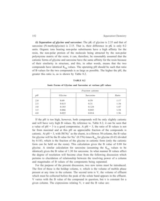 Ion-Exchange Chromatography 153 
Num ber of plates 1000 
Re la tive reso lv ing p owe r 
B = 1/8 
B = 1/4 
B = 1 
B = 1/2 
B = 2 
Figure 8.3 The effect of B (effective distribution coefficient) and number of plates on band 
position and band shape. 
Num ber of plates 100 
Rela tive 
solu te 
conc . (C) 
4 
3 
2 
1 
B =2 B = 1 B = 1/2 B = 1/4 
B = 1/8 
4 
3 
2 
1 
0 5 1 0 
 