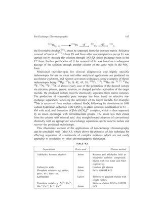9 
Gel Chromatography 
This technique is particularly valuable in the separation of molecules of similar 
polarity but of different sizes, traditional methods of chromatography being less 
effective in these circumstances. The separation depends not only on the size but 
also on the shape of the molecules. There are several aspects by which separation 
effected by this technique can be viewed and this type of chromatography is 
variously named according to the particular separation aspect stressed upon. 
Accordingly, this technique is called gel filtration, gel permeation, molecular sieve 
filtration, molecular sieve chromatography, size-exclusion or simply exclusion 
chromatography. 
9.1 Xerogds 
Gel chromatography brings about separation on a xerogel, which may simply be 
defined as a polymeric material that swells greatly in a solvent to produce a gel 
system. A definite degree of swelling must be maintained for the gel, since the 
pore structure of the gel depends on this factor. The phenomenon of molecular 
sieve action is frequently observed with materials like dextran and agarose which 
constitute the xerogel matrix. Since Porath and Flodin’s observation of the 
molecular sieving effect of these xerogels and the simultaneous introduction of a 
cross-linked dextran, named Sephadex, on the market in 1959, this chromographic 
technique has been rapidly accepted. Though of comparatively recent origin, 
owing to its simplicity and speed, this method has become one of those separation 
methods which find the widest application in the chemistry of polymers. 
9.2 Principle underlying Gel Chromatography 
The principle of gel chromatography can be explained by a simple model 
illustrated by Figure 9.1. The stationary phase is formed by the xerogel saturated 
with a liquid, usually water. The same liquid is also used as the mobile phase or 
eluent. The inert polymer matrix of the swollen xerogel contains pores which have 
various dimensions according to the type of gel used. Consider the case of a 
mixture of small medium and large molecules being eluted through the gel. It will 
be seen from Figure 9.1 that, at each level in the passage through the system, the 
small molecules penetrate almost completely into the gel system, the medium-sized 
molecules penetrate partially, and the large molecules do not penetrate at all. Thus, 
the small molecules are retained longest on the column, the medium-sized 
 