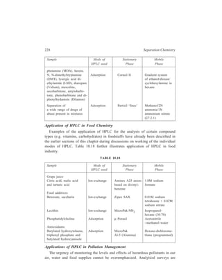 High Performance Liquid Chromatography (HPLC) 229 
undertaken to evaluate the persistence of pollutants such as pesticides and 
carcinogens and their metabolites in the environment with a view to defining 
acceptable daily intakes of pesticide residues and food additives. Two of the 
problems involved in this complex analytical undertaking centre firstly on the 
severe demands placed on the sensitivity and selectivity to be achieved by 
detection systems monitoring trace components, and secondly on the large number 
of samples which must be analyzed in pesticide screening projects. 
Although the detectors currently available for HPLC do not usually match the 
sensitivity of GLC detectors [e.g. electron capture detector (Chapter 13) and GLC/ 
mass spectrometer (MS) combination (Chapter 13)], the practical detection limits 
of the two methods are about equal since large sample volumes can be injected 
into HPLC columns. Thus monitoring of solutes in picogram amounts, as is 
achieved by GLC, has now been attained by HPLC also in several cases. Further, 
selective HPLC detectors such as spectrofluorimeters and electrochemical detectors 
can significantly increase sensitivity or reduce sample clean-up for suitable 
analytes. The advantage of wave length variation in the UV monitoring of 
pesticides has also been made use of. Further advances in the HPLC/MS link-up 
can also be expected to improve detection limits and specificity in environmental 
analysis. The use of non-destructive detectors in HPLC also allows samples to be 
collected for structure elucidation or confirmation or, on the preparative scale, for 
biological testing or further chemical modification. 
The solution to the problem of analyzing large numbers of samples in 
environmental screeing projects has been found in the development of automated 
pesticide analyzers. Also, the range of automatic injection devices for HPLC now 
available reduces operator involvement in analyzing large numbers of samples. 
As in other areas of analysis, HPLC is a useful complementary technique to 
GLC in analyzing pollutants in the environment. An advantage of HPLC in 
environmental analysis is that molecules of varying polarity (e.g. pesticide + 
metabolite mixtures) can be analyzed in one chromatographic run. Since aqueous 
mobile phases can be used in reversed-phase HPLC (including ion-pair partition 
modes) sample preparation is often less extensive than in GLC. The number of 
clean-up steps can also be reduced by the use of a precolumn to protect the 
analytical column or by a preliminary size separation of a crude extract on an 
exclusion column. 
Pesticides 
Pesticides can be classified as insecticides, herbicides, fungicides and 
rodenticides. Application of HPLC for monitoring pesticides is illustrated below 
by taking examples of each of these types. 
Insecticides 
Pyrethrins and insect juvenile harmones provide examples of naturally occurring 
compounds which are of interest as alternatives to chemical insecticides. The class 
 