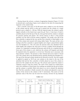 Thin-layer Chromatography (TLC) 261 
with the 40-63 μ silica gel. Fractions are collected until all the solvent has been 
used (Table 12.3 is used to estimate the amount of solvent and sample size). It is 
best not to let the column run dry since further elution is occasionally necessary. 
Purified components are identified as described above by TLC. If the foregoing 
instructions are followed strictly, there is little probability of separation failing. 
Dry-column Chromatography 
The technique of dry-column chromatography involves the use of a dry column. 
Glass or nylon columns are used. The dry adsorbent is slowly poured into the 
column while gently tepping the column to ensure uniform packing. Generally 
speaking, about 70 grams of adsorbent are required per gram of mixture for 
‘average’ separations and about 300 grams of absorbent per gram of mixture for 
‘difficult’ separations. This can be contrasted to the approximately 30 grams of 
adsorbent per gram of mixture for ‘wet’ column chromatography. The mixture to 
be separated is adsorbed on a separate portion of adsorbent and this is added to the 
top of the column. Solvent is then allowed to flow down the column until it has 
just reached the bottom of the column. Further development of the column is now 
stopped, the adsorbent is removed from the column, and the bands of separated 
components are isolated to be followed by extraction of each band of the adsorbent 
with an appropriate solvent. 
In this technique it is preferable to use a pure solvent or a single mixture of 
solvents rather than using a series of solvents. The choice of solvent is greatly 
facilitated by carrying out a prior separation of the components of the given 
mixture by TLC. Thus, a number of pure solvents and mixtures of solvents can be 
tested rapidly on TLC plates to find out the solvent of choice for the dry-column 
chromatography—the solvent that gives the best results on a TLC plate will also 
give the best separation with a column. 
An interesting example of application of the technique is that of separation of 
the isomeric compounds I and II reported in 1975 by T.C. Morill and co-workers, 
who used a silica-gel dry column for the purpose. The achievement is quite 
impressive considering the very slight structural differences of compounds I and 
H 
C l 
I CO 2CH 3 
SC6H5 
CO 2CH 3 
H 
C l 
II 
CO 2CH 3 
SC 6H 5 
CO 2CH 3 
 