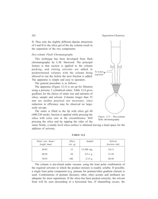 Thin-layer Chromatography (TLC) 263 
column is sucked dry and the packing procedure repeated. The surface of the silica 
gel is kept covered with solvent during pre-elution until solvent is seen passing 
into the receiver. Then the silica is allowed to dry under suction. The sample 
mixture (dissolved in minimum amount of the pre-elution system) is loaded evenly 
on to the surface of the silica and the constituents eluted by adding successive 
portions of increasing-polarity solvent mixtures, allowing the column to be sucked 
dry after each addition (the silica surface being only slightly disturbed on addition 
of solvent). Generally a solvent gradient whereby the more polar component is 
increased by 5-10 per cent is the most convenient. Under these conditions, the 
product is usually eluted by that solvent mixture in which it would have Rf 0.5 on 
TLC. For quantities greater than 100 mg, elution is often accompained by frothing 
on the underside of the sinter. 
12.5 High Performance Thin-layer Chromatography (HPTLC) 
Recent changes in the practice of TLC have led to its wider acceptance as a 
powerful separating tool for multicomponent trace level analysis of which a typical 
example is the analysis of more than 20 common metals on silica gel S with three 
developing solvents viz. (i) acetone 3N HCl (99:1) for separation of Ni, Co, Cu, 
Fe, Pb, Mn, Cr and As; (ii) methanol-butanol 35% HCl (8:1:1) for Ba, Sr, Ca, Mg, 
Al, NH4 
+ , Na, K and Li; and (iii) butanol-benzene–IN HNO3 – INHCl–(50 : 46 : 
2.6 : 1.4) for Sb, As, Cd, Sn, Bi, Zn and Hg. The expectations accompanying these 
modifications in the practice of TLC have given birth to a new expression—high 
performance thin-layer chromatography (HPTLC), analogous to the change of 
name applied to liquid chromatography from LC to HPLC when liquid 
chromatography underwent a similar expansion in performance capabilities. The 
performance breakthrough in TLC was not a result of any specific advance in 
instrumentation or materials, but was rather a culmination of improvements in 
practically all of the operations of which TLC is comprised. 
Improvement in the quality of the adsorbent layer and methods of sample 
application, and the availability of scanning densitometers for in situ quantitative 
analysis were all important developments in the evolution of HPTLC. The new 
HPTLC plates are prepared from specially purified silica gel with average particle 
diameters of between 5 to 15 micrometers with a narrow particle size distribution. 
These plates give HETP values of about 12 micrometers and a maximum of about 
5000 usable theoretical plates in any separation. By contrast, conventional TLC 
plates prepared from silica gel with average particle diameters of 20 micrometers 
and a rather broad particle size distribution gave HEPT values of about 30 
micrometers and a maximum of approximately 600 usable theoretical plates. The 
new HPTLC plates can provide an increase in performance approaching an order 
of magnitude over conventional TLC plates. Thus, it is possible to carry out 
separations on HPTLC plates that were not posible by conventional TLC, and also 
 