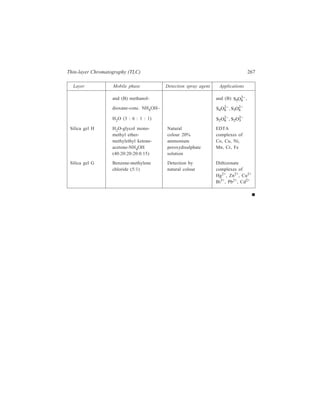 13 
Gas Chromatography (GC) 
Gas chromatography is an analytical technique for rapidly separating mixtures of 
volatile substances with an inert gas stream flowing over an adsorbent. The 
technique was introduced by James and Martin in 1952 and they demonstrated the 
advantages of this new method on their study of the separation of volatile fatty 
acids. Almost simultaneously Janak published his paper on the separation of 
hydrocarbons by gas-liquid chromatography. 
Usefulness of GC as a separatory technique cannot be over-emphasized in view 
of its several other advantages, besides the one already referred to above, namely 
the rapidity with which it brings about separations. The amount of sample used 
needs to be indeed small. With the elution technique used in gas chromatography, 
the column is ready for the next sample as soon as the previous one has passed 
through. Columns ordinarily have long life and it is not uncommon to have a 
column perform satisfactorily for a year or two. The usual apparatus employed is 
essentially simple and inexpensive but for the electronic recorder needed for the 
automatic recording of the chromatograms which certainly is an expensive 
component. 
13.1 Underlying Theory of the Technique 
Gas chromatography is essentially similar to liquid chromatography using columns 
where the mobile liquid phase is replaced by a moving gas phase. Gas 
chromatography is divided into two major categories: 
Gas solid chromatography (GSC) where the adsorbent is a solid of large surface 
area, and gas-liquid chromatography (GLC) where the adsorbent is a non-volatile 
liquid coated on an inert solid support. The moving gas phase or carrier gas in each 
method is either nitrogen, argon, hydrogen or helium, the choice being determined 
by availability, purity and the type of detector employed. The gas is made to flow 
at a constant rate through a packed column consisting of a tube of small diameter 
containing the adsorbent. The technique of gas-liquid (partition) chromatography 
is the more important one because of its greater utility. 
When a mixture is injected into the carrier gas stream flowing through the 
packed column, the components move through the column at rates dependent on 
their respective volatilities and interaction with the non-volatile liquid phase. The 
various molecules dissolve and revaporize as they pass down the column. Each 
 