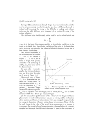 272 Separation Chemistry 
the column. However, as a result of the lower temperature, the retention of the 
solute on the column increases and thereby gives a greater opportunity for the band 
to broaden. 
(3) The temperature of the sample injector is also important for high column 
efficiency. To obtain a narrow input distribution of sample on to the column, it is 
necessary to have the injection temperature higher than the boiling point of the 
least volatile component of the sample, thus ensuring rapid and complete 
vaporization. As the temperature of the injector block is further increased, the 
column performance improves until a temperature is reached at which the breadth 
of the input distribution is small compared with the broadening effect of the 
column. Beyond this critical temperature no further improvement in column 
efficiency can be attained by altering the injection temperature. 
(4) The introduction of large samples at low injection temperatures results in 
considerable band broadening since complete vaporization of the sample takes 
longer and the total heat of vaporization is high. Hence the amount of sample 
which can be efficiently separated is limited. The sample capacity of a column is 
the amount of sample which can be applied without more than 10% loss in column 
efficiency and is directly proprotional to the amount of stationary phase per unit 
length of column. It is consequently proportional to the square of the column 
diameter. The effect of overloading the column is observed as a loss of resolution 
with band broadening and an asymmetry in the band shape with a resultant 
apparent change in the retention of the solute by the column. This loss in column 
performance originates in two factors. Firstly, because of the finite volume of the 
vapour injected the input distribution even at high temperatures is broadened by 
large samples, and secondly, it is more difficult for the vapour zone of a large 
sample to attain a dynamic equilibrium between the gas and stationary phases. If 
it is assumed that the sample is completely vaporized i.e. the column temperature 
is above the boiling point of the sample, then the excess of sample beyond its 
(b ) 
(a ) 
V R Concentration 
Concentration 
VR 
Figure 13.2 Peak shapes and retention volumes in non-linear chromatography 
 