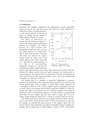 Methods of Everyday Use 19 
2.4 Sublimation 
Substances like camphor, naphthalene and anthraquinone having appreciable 
vapour pressure in the solid state can be freed from less volatile impurities by 
sublimation, which is the phenomenon of 
a solid passing directly to the vapour 
phase on heating and the change in 
phases getting reversed on cooling. 
The theory of sublimation will 
800 
700 
600 
E 
D 
C 
F 
Liq u id 
P res su re , mm of m ercu ry 
become clear by reference to Figure 2.7, 
S olid 
which is the vapour pressure-temperature 
500 
diagram for camphor. The vapour 
400 
pressure of a solid increases with 
B (1 79 °; 3 70 m m .) 
temperature in much the same way that 
300 
G 
H 
the vapour pressure of a liquid does. 
200 
Vap o u r 
This is clear from the slope of the line 
A 
AB which lies between the regions 
100 
marked solid and vapour and is the 
0 
vapour pressure curve of the solid, that 
150 160 170 180 190 200 210 
is, it represents the vapour pressure of 
Temp e ratu re °C 
the solid at the corresponding 
Figure 2.7 Vapour pressure— 
temperature in Figure 2.7. The line CB 
Temperature diagram of camphor 
separating the regions marked liquid and 
vapour is the vapour pressure curve of the liquid whereas the line DB, which lies 
between the regions marked solid and liquid, represents the melting point at 
various pressures. The point B (179ºC at a pressure of 370 mm) is the triple point 
where all three phases solid, liquid and vapour, coexist. This is the melting point 
of camphor at a pressure of 370 mm. 
The melting point of a substance is practically independent of pressure; 
therefore, the temperature at the triple point will be practically the same as at the 
normal melting point. Thus if camphor is heated under normal conditions of 
1 atmosphere, it melts at 179ºC. If pure camphor vapour at atmospheric pressure 
is cooled, liquid is first formed and on further cooling this solidifies, as shown by 
passing from right to left along the line EF at 760 mm. Liquid is first formed at 
all pressures above the triple-point pressure of 370 mm. However, at all pressures 
lower than 370 mm camphor may pass from solid to vapour, and vice-versa, 
without going through the liquid state, as shown by passing along the line GH. 
Thus sublimation may be carried out with camphor at pressures below 370 mm. 
Also, it may be done at total pressures above 370 mm in the presence of some gas, 
for example, air, provided the partial pressure of the camphor vapour does not 
exceed 370 mm. Thus sublimation is possible at atmospheric pressure. Suppose for 
example that the temperature of solid camphor is raised to 170ºC. The pressure 
 