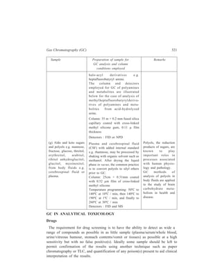 322 Separation Chemistry 
As is the case with GC in Analytical Biochemistry, there is need for some form 
of sample pretreatment for GC in Analytical Toxicology, and the sample 
preparation procedures already discussed under ‘GC in Analytical Biochemistry’ 
are used to meet the aforesaid need as well. 
In drug-screening, low-polarity phases such as SE-30/OV-1/OV 101 are used. 
These are dimethylpolysiloxane stationary phases which are regarded as broadly 
equivalent. Polar interactions are minimal with these phases and thus separations 
occur largely on the basis of molecular weight. However, a disadvantage is that 
peak tailing may occur with polar compounds. In general, peak tailing is reduced 
on more polar phases; SE–54, OV-7, OV-17, and OV-225 are amongst the more 
polar polysiloxane-based phases available. Carbowax 20 M (polyethylene glycol 
of average formula weight 20,000) is a high-polarity phase but has a relatively low 
maximum operating temperature. However, precoating the support with KOH 
effectively minimizes peak-tailing of strong bases and the maximum operating 
temperature is unaffected. Polyester phases such as cyclohexanedimethanol-succinate 
(CHDMS) and also polyamides such as poly A103 have been advocated 
for specific separations of polar compounds such as barbiturates. Mixtures of 
stationary phases have also been advocated for specific problems. For example, a 
commercially available mixture of SP-2110 and SP–2510-DA (Supelco) has been 
widely used in the analysis of common anticonvulsants. 
Use of low polarity phases such as SE-30/OV-1/OV-101 have the advantage 
that retention data for a large number of drugs and other compounds of interest 
generated on packed columns are available—such data are generally directly 
transferable to capillary columns. However, use of a 25 m × 0.32 mm i.d. fused 
silica capillary coated with cross-linked HP-5 (0.52 μ film) is advantageous when 
screening for basic drugs (HP-5 is a 5% phenyl, 95% methysilicone phase). 
Examples of screening of some classes of drugs are listed in Table 13.7. 
TABLE 13.7 
Applications of GC in Analytical Toxicology 
Sample Column employed Remarks 
(i) Amphetamines Capillary GC-NPD. 
and related com-pounds. 
Dexamphetamine [(S)-α-methyl-phenylethylamine] 
and methyl-amphetamine 
[(S)-N, α-dimethyl-phenylethylamine] 
are commonly-abused 
central nervous system 
(CNS) stimulants. Other drugs such 
as chlorphentermine, diethylpropion, 
ephedrine, fenfluramine, phenter-mine, 
and phenylpro-panolamine 
(nor-ephedrine) may be encountered. 
Contd. 
 