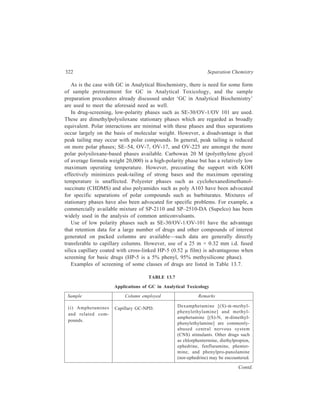 Gas Chromatography (GC) 323 
Sample Column employed Remarks 
Capillary GC-NPD and GC-MS 
Capillary or packed column 
GC-NPD and GC-FID A 
mixed SP-2110/ SP–2510– 
DA (Supelco) 
phase permits the isothermal 
analysis of 11 common 
anticonvulsants and asso-ciated 
internal standards by 
GC on a packed column. 
Capillary GC-NPD 
Capillary GC. 
On-column methylation by 
injection with 0.2 mol/l 
trimethylanilinium hydro-xide 
in methanol has been 
employed in packed column 
GC or GC-MS of barbi-turates 
Atropine is used as a preanaesthetic 
medication in ophthalmic proce-dures 
and as an antidote in poison-ing 
due to cholinesterase inhibitors. 
The related compound, hyoscine 
(scopolamine), is used as a premedi-cation 
and to prevent travel sick-ness. 
Further, another com-pound, 
orphenadrine, is used primarily as an 
anti-Parkinsonian agent. 
Amongst the commonly-used 
anticonvulsants are carbamazepine, 
ethosuximide, phenobarbitone, 
phenytoin (diphenyl hydantoin) 
primidone and sodium valproate. 
This is a heterogeneous group and 
includes chlorpheniramine, cycli-zine, 
diphenhydramine, doxylamine, 
pheniramine, terfenadine, and 
tripelennamine; many phenothia-zines 
are used as antihistamines. 
Barbiturates are 5, 5'-disubstituted 
derivatives of barbituric acid. 
Substitution of sulphur for oxygen 
at position 2 gives thiobarbiturates 
such as thiopentone. This latter 
compound and phenobarbitone are 
used as anticonvulsants. Barbitu-rates 
with relatively short half-lives 
such as amylobarbitone, butobar-bitone, 
pentobarbitone and quinal-barbitone 
are now rarely used as 
hypnosedatives in clinical practice, 
but these compounds are widely 
abused either directly or when used 
to ‘cut’ other substances, and are 
subject to Regulations on Misuse of 
Drugs. 
(ii) Anticholinergics 
(iii) Anticonvulsants 
(iv) Antihistamines 
and N-demethylated 
and other metabolites 
(v) Barbiturates and 
related hypnotics 
Contd. 
 