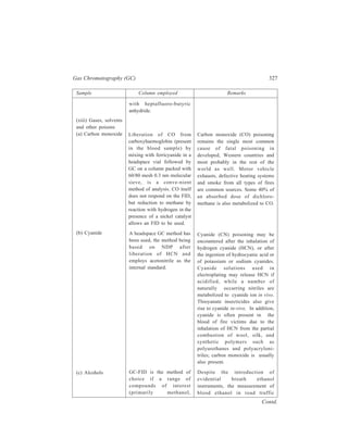 328 Separation Chemistry 
Sample Column employed Remarks 
accidents remains an important 
analysis. In addition, ethanol from 
alcoholic drinks is very frequently 
encountered in hospital admissions 
due to acute poisoning. However, 
poisoning with industrial alcohol 
(methylated spirit) containing 
various denaturants, notably 
methanol, still occurs. Ethanol may 
also be given to treat poisoning 
with methanol or with ethylene 
glycol. Methanol itself is used as a 
general and laboratory solvent, in 
car radiator antifreeze, and in wind-screen 
washer additives. Serious 
outbreaks of acute methanol 
poisoning have occurred in several 
countries in recent years due to the 
sale of illcit ‘alcoholic’ drinks based 
on methanol. Isopropanol used in 
lotions for topical administration, 
window and windscreen washers, 
and as a solvent for toiletries, is 
metabolized to acetone and is much 
less toxic than methanol. 
Ethylene glycol is used mainly in 
car radiator antifreeze as a 
concentrated (20-50%, ν/ν) aqueous 
solution, sometimes together with 
methanol. Propylene glycol is used 
as a solvent in pharmaceutical and 
food industries and is relatively 
non-toxic. 
Today, if anaesthesia is excluded, 
acute poisoning with solvents and 
other volatile substances usually 
follows deliberate inhalation of 
vapour in order to become 
intoxicated [volatile substance 
abuse (VSA)]. Patients who ingest 
solvents or solvent-containing 
products either by accident or 
isopropanol and acetone) are 
to be measured. (Direct 
injection or headspace 
methods have been 
employed for ethanol and 
are often applicable to the 
other compounds). 
A column packed with a 
porous polymer such as 
Chromosorb 101 or, after 
derivatization of the glycols 
as the corresponding phenyl 
boronates, on a OV-101 
packed column. 
Separation of many volatiles 
in blood or in tissue digests 
is often conveniently carried 
out with headspace GC 
using a packed column [e.g. 
a 2 m × 2 mm i.d. 0.3% (w/ 
w) Carbowax 20 M on 
Carbopack C column] 
programmed from 35ºC to 
(d) Glycols 
(e) Solvents and 
volatiles 
Contd. 
 