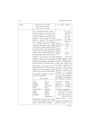 Gas Chromatography (GC) 333 
Sample Preparation of the sample GC column conditions 
extract and its work-up 
prior to its GC analysis 
The most appropriate one for use with 
organochlorine compounds is the 
aminopropyl cartridge. The hexane 
extract is added to the top of a Bond 
Elut aminopropyl cartridge (filled with 
a chemically modified silica 
adsorbent) and allowed to pass 
through it. The clean extract is 
collected in a glass test-tube. A further 
quantity of the solvent, hexane, is 
passed through the cartridge and the 
eluate collected in the same test-tube. 
The total eluate is concentrated by 
blowing down. The cleaned-up eluate 
is put on top of a silica gel column 
and allowed to be adsorbed. This 
column is eluted first with hexane and 
then with ether/hexane mixture (20:80 
ν/ν), collecting the first and second 
eluates separately. Eluates 1 and 2 are 
then concentrated by using a blower. 
Each eluate is now ready for GC 
analysis. The possible compounds in 
eluates 1 and 2 are listed below. 
Eluate number 
1 2 
HCH 
HCB Endosulphan A 
HCBD Dieldrin 
Aldrin Endrin 
Heptachlor Heptachlor epoxide 
pp-DDE op–DDT 
op-DDE pp–TDE 
Endosulphan B Chlorpyrifos 
PCBs 
The procedure of preparation of the 
sample extract is essentially the same 
as that for the preparation of clean 
technically difficult than the 
preparation of capillary 
columns, the former can be 
used only selectively and 
such columns would not be 
recommended if high 
performance and efficient 
separation are to get priority 
as, for example, is the case 
with complex mixtures. 
For the separation of organ-chlorine 
compounds using 
packed columns, The 
appropriate GC column 
conditions are : 
Glass column, 
1.5 m × 2mm, packed with 
80–100 mesh Chromosorb 
WHP containing 5% OV– 
1–1 
Carrier gas; nitrogen 
flow-rate 60 ml/ 
min 
Injector 240ºC 
temperature 
Oven 200ºC 
temperature 
Detector 320ºC 
temperature 
Injection 5 μ1 
volume 
The same column condi-tions 
for the GC analysis of 
the organochlorine (OC) 
Contd. 
(ii) Samples of effluent 
 
