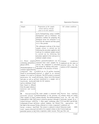 Gas Chromatography (GC) 337 
Sample Preparation of the sample GC column conditions 
extract and its work-up 
prior to its GC analysis 
concentrated extract is transferred to 
a graduated test-tube and further 
concentrated to one-tenth of its 
volume by carefully blowing a stream 
of clean air or nitrogen. The extract is 
now ready for analysis by GC. 
environment and 
bioaccumulate in the 
tissue of some target 
organisms, ‘environ-ment 
friendly’ new 
pesticides such as those 
illustrated below by 
structures I to IV, 
which are based on 
nitrogen and phospho-rus, 
have been 
manufac-tured more 
recently). 
C l 
C 
N N 
C C N H 
H N N 
C H 2 5 
I 
(sim azin e) 
C H 2 5 
N 
C 
S O C H 2 5 
N 
N CH2 S P 
O C 2H 5 
O II 
(azinphosethyl) 
S O C H 2 5 
O P 
O C 2H 5 
CH3 
O 2N 
III 
(fenitrothion) 
helium, 
1ml/min 
nitrogen 
60 ml/min 
gas flow-rate nitrogen 
60 ml /min 
Temperature 35ºC held 
programme for 1 min 
upto 160ºC at 10ºC/min, 
held for 2 min 
upto200ºC at 2ºC/min, 
held for 1 min 
upto 300ºC at 10ºC/min, 
held for 5 min 
Injection 3 μl 
volume 
Contd. 
 