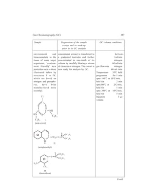 338 Separation Chemistry 
Sample Preparation of the sample GC column conditions 
extract and its work-up 
prior to its GC analysis 
C 
C l 
C l 
C O P 
OCH3 
OCH3 
H O 
IV 
(dichlorvos) 
(ii) Permethrin (Pyre-throids 
are another 
group of ‘environment 
friendly’ pesticides. 
They are extracted from 
the pyrethreum plant 
and are used as 
insecticides. An 
example of a synthetic 
analogue pyrethroid is 
permethrin: 
O 
O 
O 
= 
C l 
C l 
perm eth rin 
H 3C C H 3 
Permethrin is increas-ingly 
being used to 
tackle a variety of 
problems requiring an 
effective insecticide that 
will not cause adverse 
effects in the receiving 
environment. It is used, 
for example, as a moth-proofing 
agent in carpet 
manufacture, and in 
garden sprays to combat 
a variety of pests.) 
Clean water samples are extracted 
with hexane. The hexane extract is 
dried and then concentrated before 
quantification by GC. 
The dirtiet samples are processed in 
the following manner which involves 
the use of solid-phase extraction 
cartridges. 
Extraction of a specific volume (say, 
500 ml) of the dirty water sample 
with hexane is carried out after 
bringing the pH to 2 by acidification 
of the sample. The hexane extract is 
dried by passing it through No. 1 
filter paper containing anhydrous 
sodium sulphate. The extract is then 
blown dry to about l ml. This 
concentrated extract is adsorbed on a 
Bond Elut C18 octyl (No. 606303) 
Contd. 
 