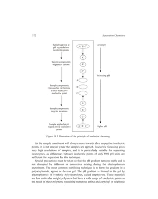 Electrophoresis 373 
acid groups. The polymer mixtures are available in specific pH ranges (pH 5-7, 
6-8, 3.5-10, etc.) under the trade names LKB-Ampholine, Bio-Rad-Lyte, and 
Pharmacia-Pharmalyte. It is critical to select the appropriate pH range for the 
ampholite so that all the sample constituents have their respective isoelectric pH 
values (pHI, pH at which a particular constitutent has zero net charge) in that 
range. The best resolution is, of course, achieved with an ampholyte mixture over 
a small pH range (about two units) encompassing the pHI for the sample 
constituents. If the pHI values for the sample constituents under study are 
unknown, an ampholyte of wide pH range (pH 3-10) should be used first and then 
a narrower pH range selected for use. 
The gel medium is prepared as previously described except that the appropriate 
ampholyte is mixed prior to polymerisation. The gel mixture is poured so as to set 
into the desired form e.g. column tubes, horizontal slabs etc. Immediately after 
casting of the gel, the pH is constant throughout the medium, but application of 
voltage will induce migration of ampholyte molecules to form the pH gradient. 
Loading the sample on the gel can be done by one of two alternative methods. 
A concentrated, salt-free sample can be layered on top of the gel as previously 
described under traditional gel electrophoresis. The second method is simply to 
add the protein to the gel preparation, resulting in an even distribution of the 
sample throughout the medium. The molecules of the sample constituents move 
more slowly than the ampholyte molecules, whereby the pH gradient is set up 
before significant migration of the sample constituents occurs. Samples in 
quantities as small as 10 to 50 μg can be analysed by IEF. Larger sample quantities 
(up to 20 mg) may be used for preparative purposes. 
Electrofocussing is carried out under an applied current of 2 mA per tube and 
usually takes from 30 to 120 minutes. The time period for electrofocussing is not 
as critical as for traditional electrophoresis. Trial and error can be used to find a 
period that results in an affective separation; however, longer periods do not move 
the sample constituents out of the medium as is the case in gel electrophoresis. 
After IEF electrophoresis, ampholytes have to be removed from gels before 
staining can be carried out, because the staining agents commonly used are bound 
by the ampholytes. Removal of the ampholytes is effected by soaking gels in 5% 
trichloroacetic acid, and staining is carried out with Coomassie Blue dye. 
Electrofocussing is now established as the best method for resolution and 
analysis of proteins, including enzymes, and is considered as the standard criterion 
of purity for proteins. 
16.2.7. SDS-Isoelectric Focussing Gel Electrophoresis 
Separation of amphoteric substances by IEF is based on their respective pHI 
values. SDS-gel electrophoresis separates molecules on the basis of the molecular 
 