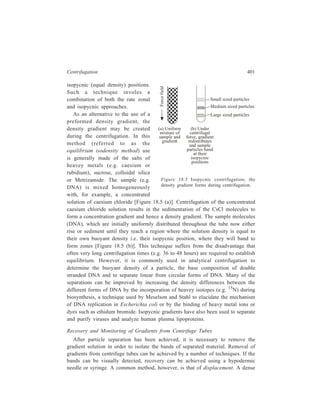 402 Separation Chemistry 
liquid, for example 60 to 70% (w/w) sucrose solution, is pumped to the bottom of 
the centrifuge tube through a long needle. The gradient is displaced upwards and 
the fractions removed in sequence using a syringe or pipette, or by being 
channelled out through a special cap to which is attached a collection pipe either 
leading to a fraction collector or directly into a flow cell of an ultraviolet 
spectrometer. 
Alternatively, the centrifuge tube may be punctured at its base using a fine 
hollow needle. As the drops of gradient pass from the tube through the needle they 
may be collected using a fraction collector and further analyzed. Analysis of the 
contents of the displaced gradient can be achieved by ultraviolet 
spectrophotometry, refractive index measurements, scintillation counting or 
chemical analysis. 
Nature of Gradient Materials and Their Use 
There is no ideal all-purpose gradient material and the choice of the material 
depends upon the nature of the particles to be fractionated. The gradient material 
should permit the desired type of separation, be stable in solution, inert towards 
biological materials, should not absorb light at wavelengths appropriate for 
spectrophotometric monitoring (visible or ultraviolet region), or otherwise interfere 
with assaying procedure, be sterilisable, non-toxic and non-inflammable, have 
negligible osmotic pressure and cause minimum changes in ionic strength, pH and 
viscosity, be inexpensive and readily available in pure form and capable of 
forming a solution covering the density range needed for a particular application 
without overstressing the rotor. 
Gradient-forming materials which provide the densities required for the 
separation of subcellular particles include salts of alkali metals (e.g. caesium and 
rubidium chloride), small neutral hydrophilic organic molecules (e.g. sucrose), 
hydrophilic macromolecules (e.g. proteins and polysaccharides), and a number of 
miscellaneous compounds more recently introduced and not included in the above 
group, such as colloidal silica (e.g. Percoll) and non-ionic iodinated aromatic 
compounds (e.g. Metrizamide, Nycodenz and Renograffin). 
Sucrose solution whilst suffering from the disadvantages of being very viscuous 
at densities greater than 1.1 to 1.2 g cm–3 and exerting very high osmotic effects 
even at very low concentrations (i.e. at approximately 10% w/ν concentration) has 
been found to be the most convenient gradient material for rate zonal separation. 
Ficoll (a copolymer of sucrose and epichlorhydrin) has been successfully used 
instead of sucrose for the separation of whole cells and subcellular organelles by 
rate zonal and isopycnic centrifugation, but whilst being relatively inert 
osmotically at low concentrations, both osmolarity and viscosity rise sharply at 
higher concentrations (i.e. above 2% w/ν). Caesium and rubidium salts have been 
 
