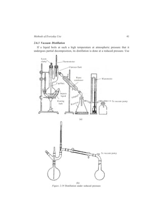 Methods of Everyday Use 41 
To vaccum pum p 
2.6.3 Vacuum Distillation 
If a liquid boils at such a high temperature at atmospheric pressure that it 
undergoes partial decomposition, its distillation is done at a reduced pressure. Use 
(a) 
A da p te r 
(b) 
T hermometer 
Figure 2.19 Distillation under reduced pressure 
S crew 
c lam p 
C lan isen flask 
M anome te r 
Imp u re 
liqu id 
H ea ting 
bath 
Water 
condense r 
C ap illary 
R e ce iv e r 
To vaccum pum p 
 